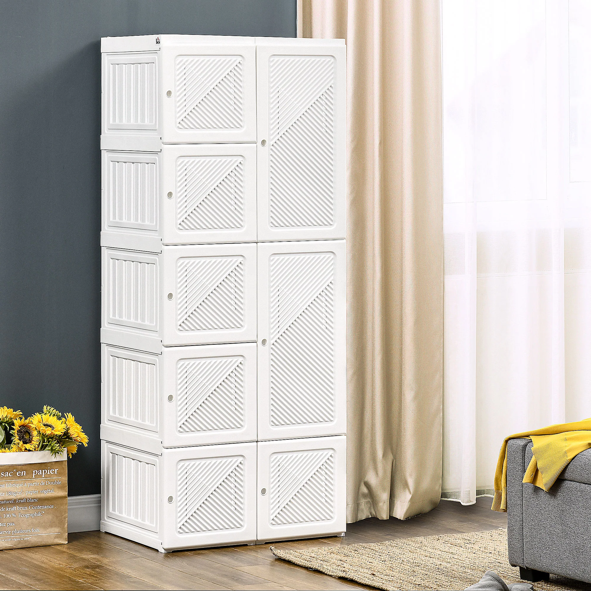 Portable Wardrobe Closet, Folding Armoire Clothes Organizer w/ 6 Cube Compartments, White - Image 4