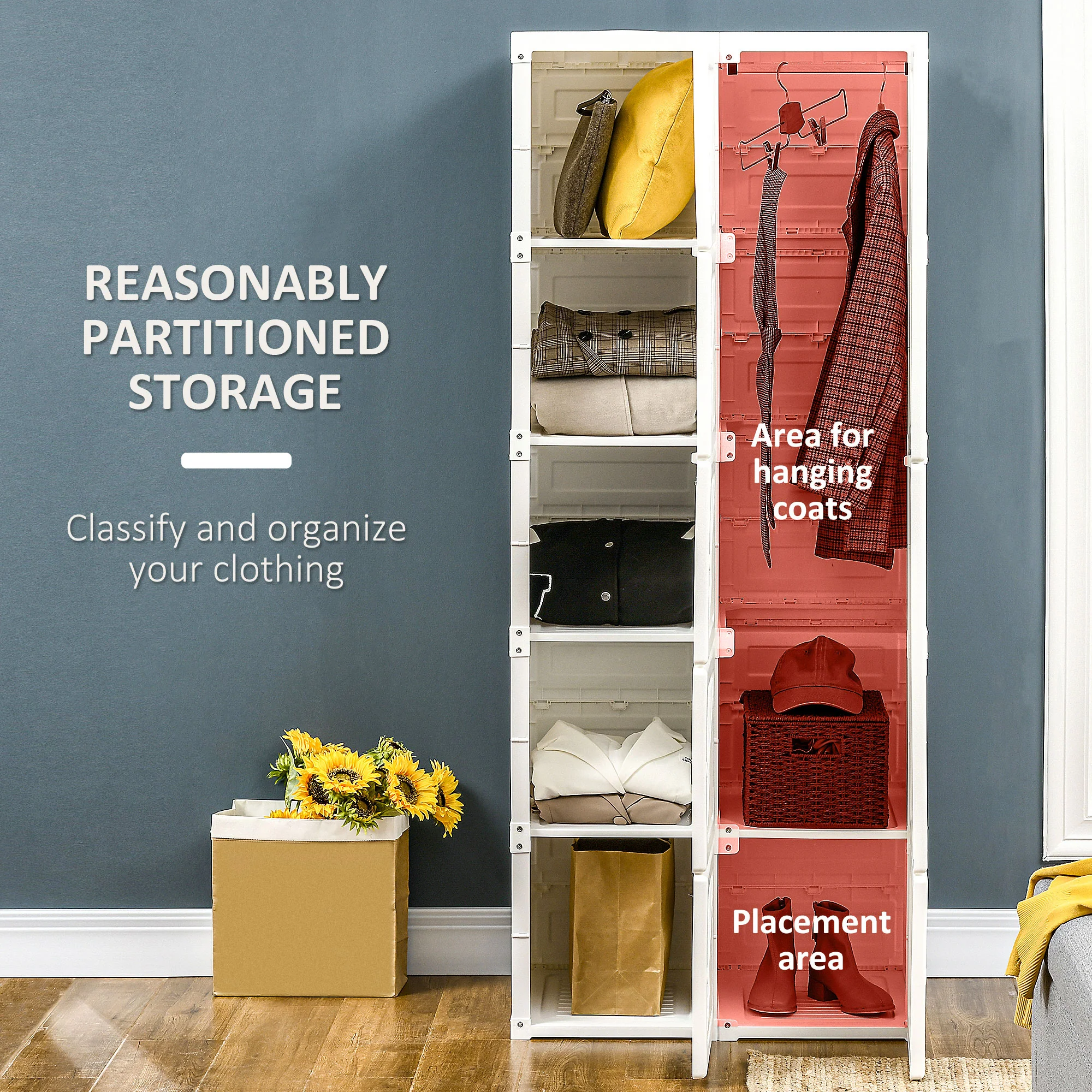 Portable Wardrobe Closet, Folding Armoire Clothes Organizer w/ 6 Cube Compartments, White - Image 6