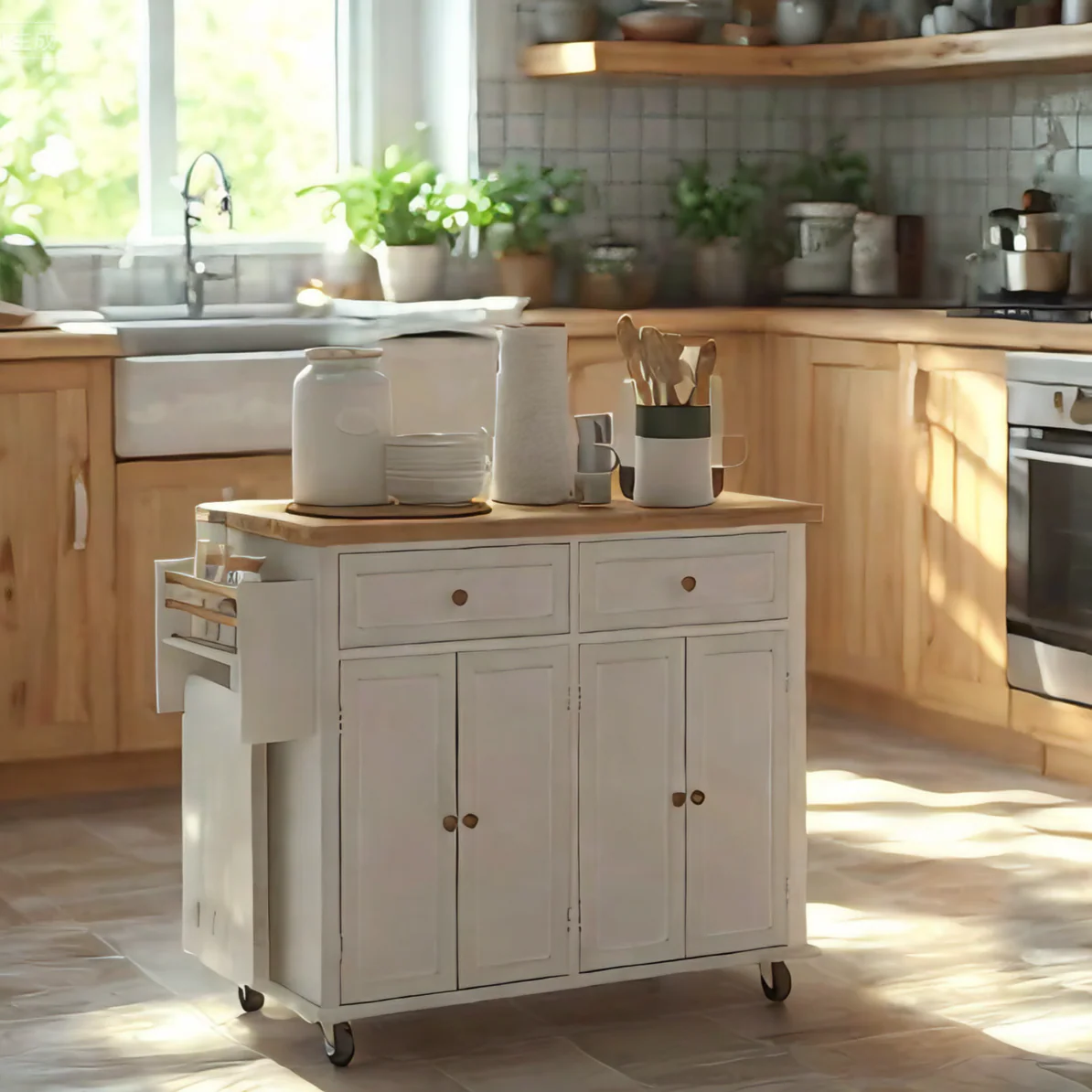 GlideSpace 44"W Butcher Block Cart, Movable Kitchen Island with Cabinets, Distressed White - Image 4
