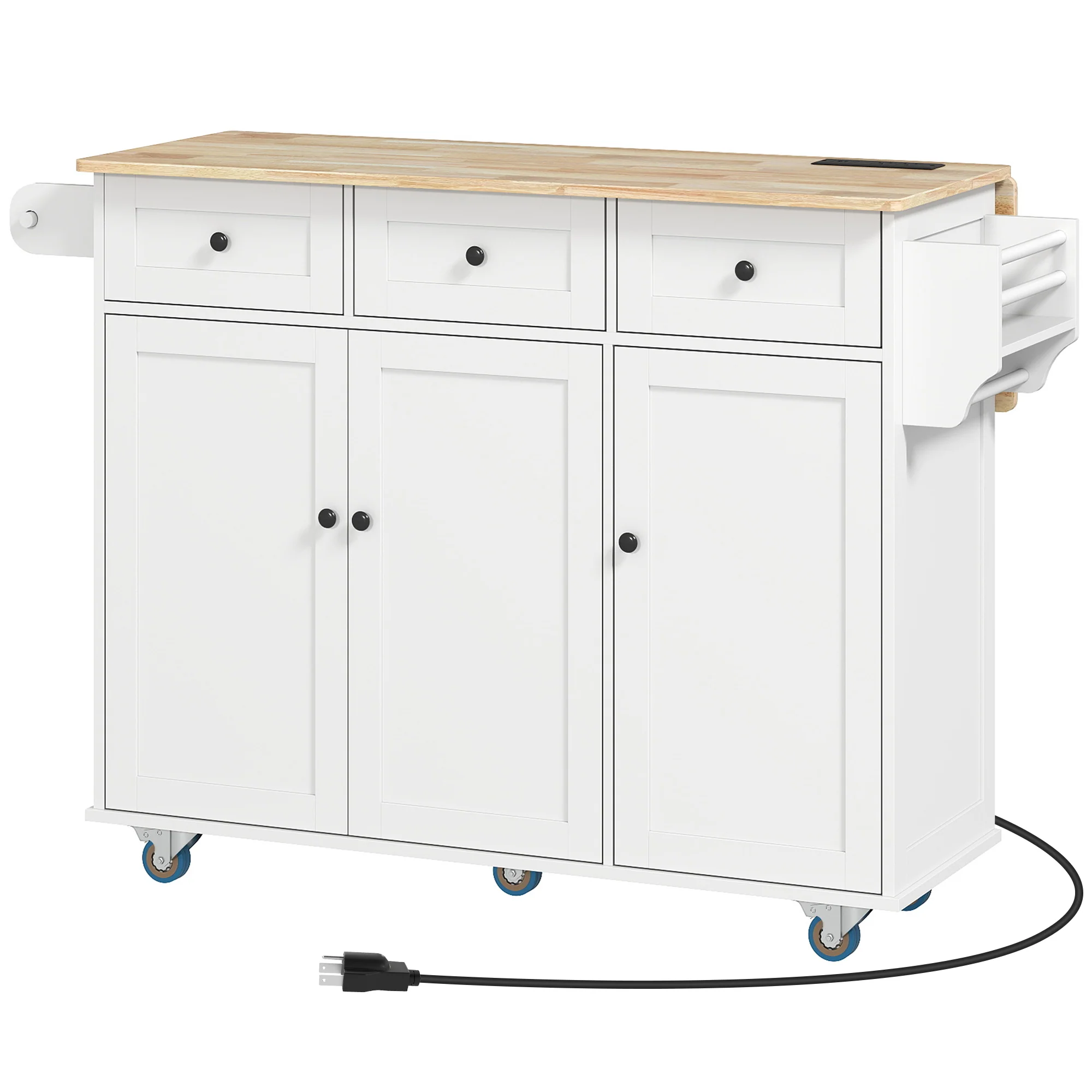 53" Rolling Kitchen Island with Charging Station & Towel Rack, Kitchen Cart on Wheels, White - Image 12