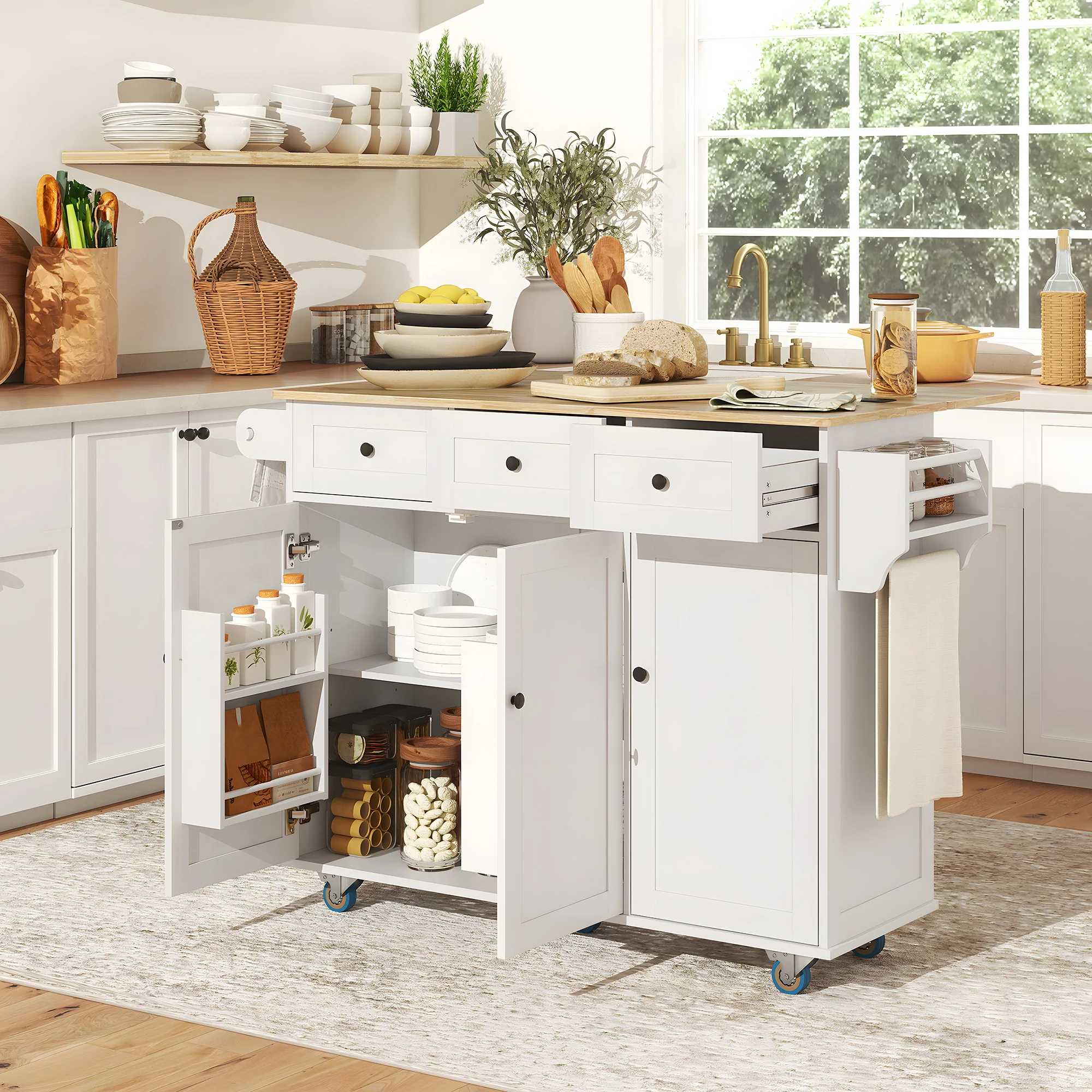 53" Rolling Kitchen Island with Charging Station & Towel Rack, Kitchen Cart on Wheels, White - Image 3
