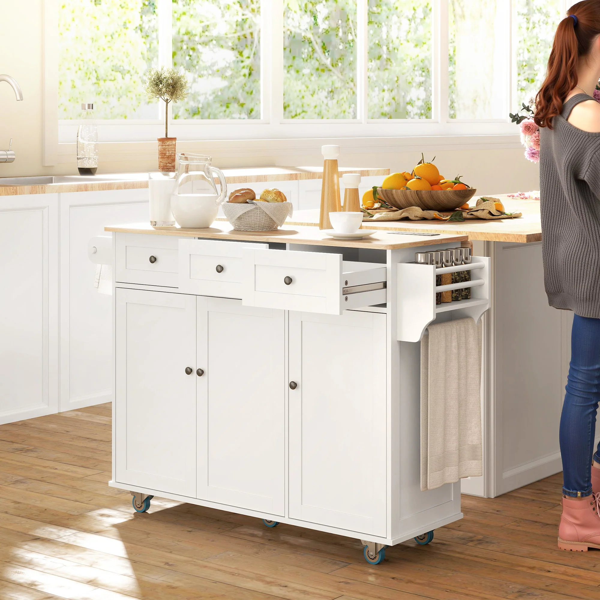 53" Rolling Kitchen Island with Charging Station & Towel Rack, Kitchen Cart on Wheels, White - Image 4