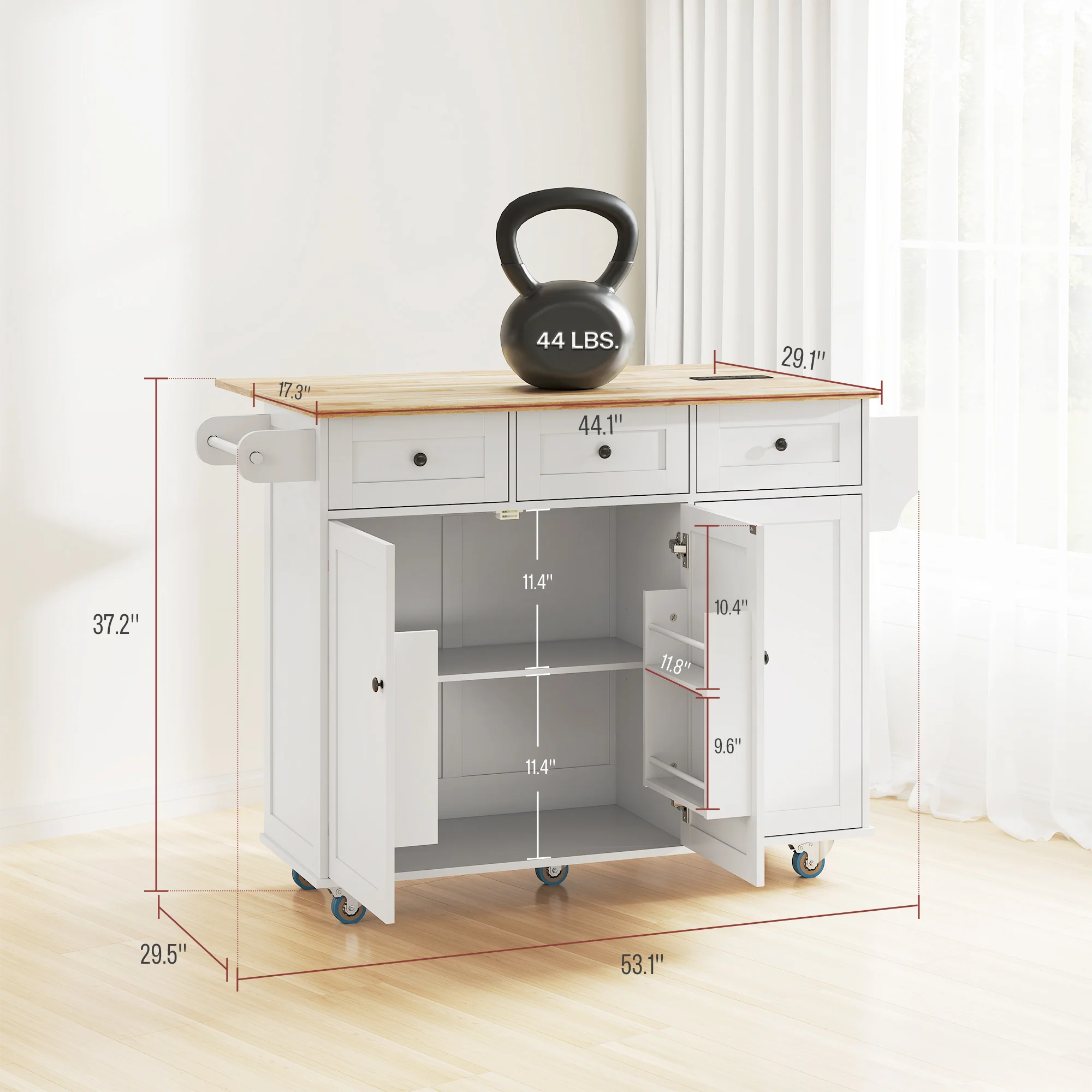 53" Rolling Kitchen Island with Charging Station & Towel Rack, Kitchen Cart on Wheels, White - Image 5