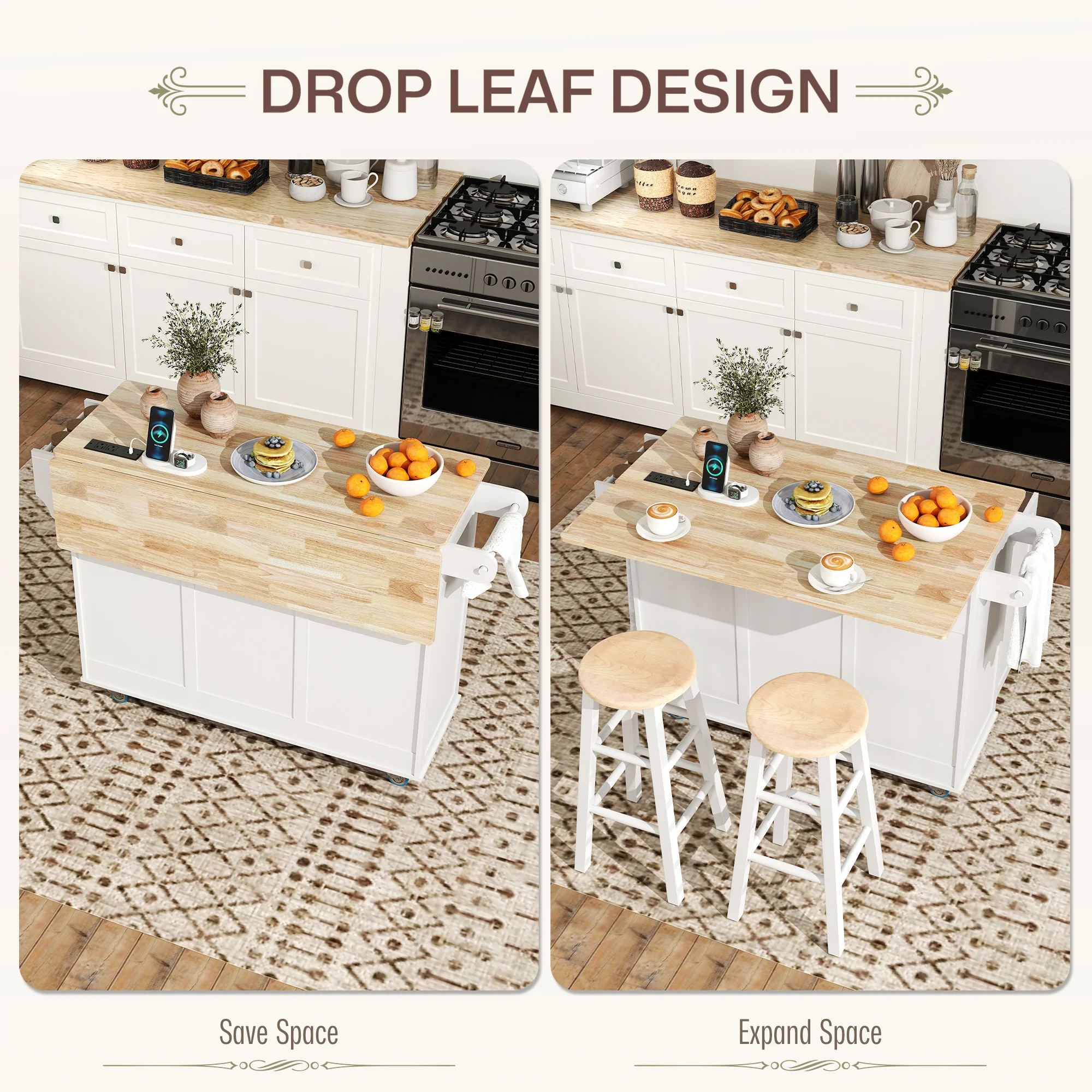 53" Rolling Kitchen Island with Charging Station & Towel Rack, Kitchen Cart on Wheels, White - Image 6