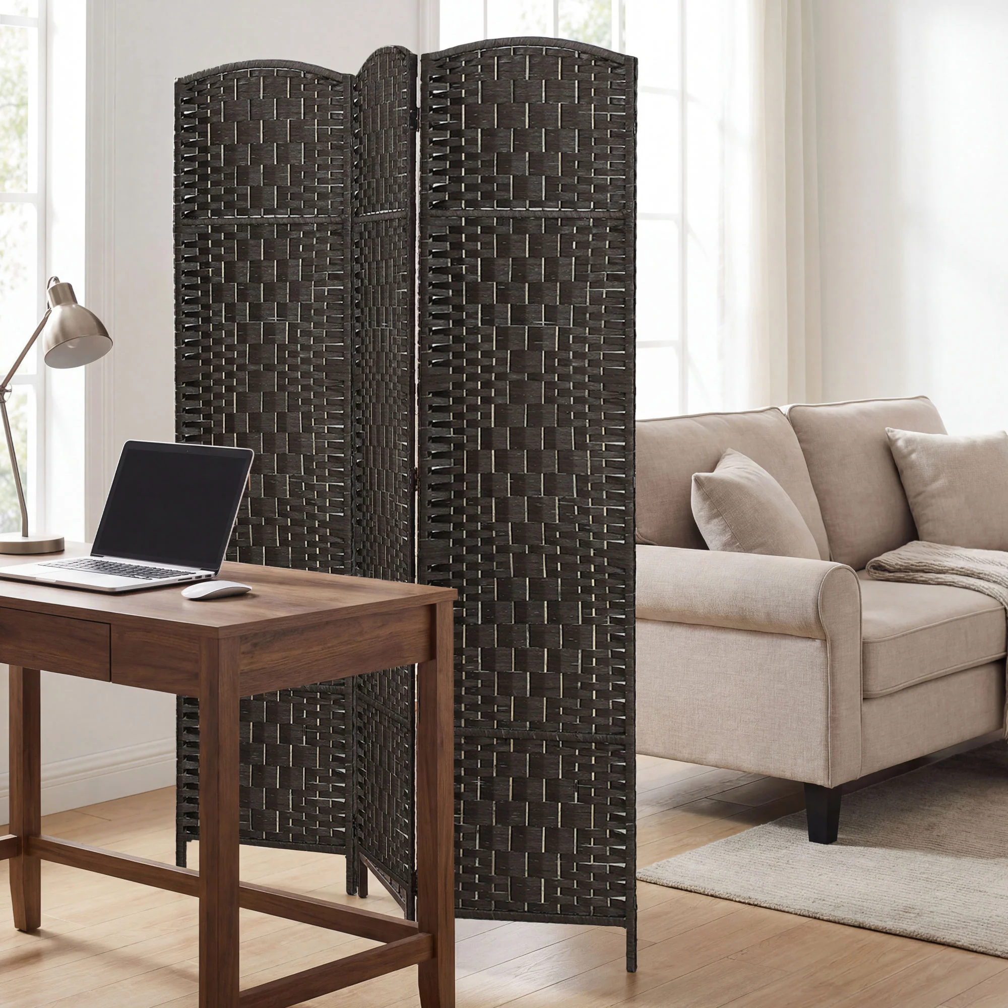 71" Tall 3-Panel Folding Room Divider, Wicker Weave Privacy Screen for Home Office, Coffee - Image 10