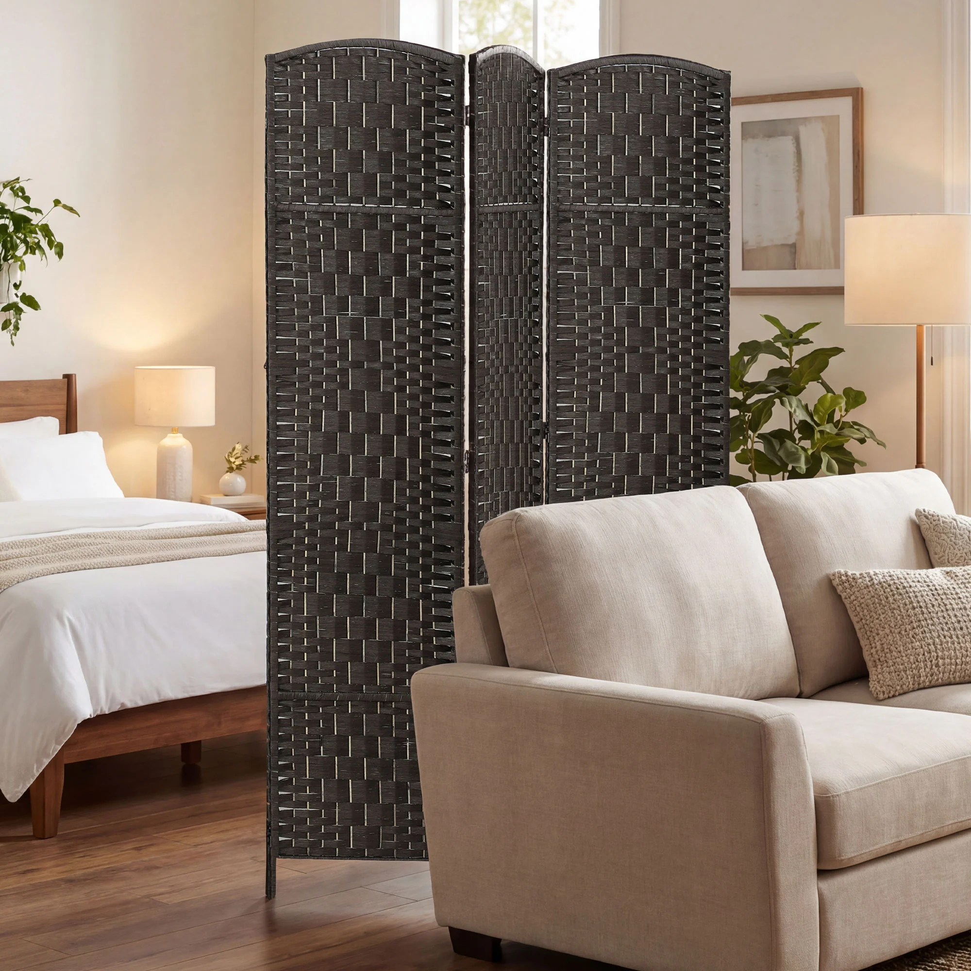 71" Tall 3-Panel Folding Room Divider, Wicker Weave Privacy Screen for Home Office, Coffee - Image 11