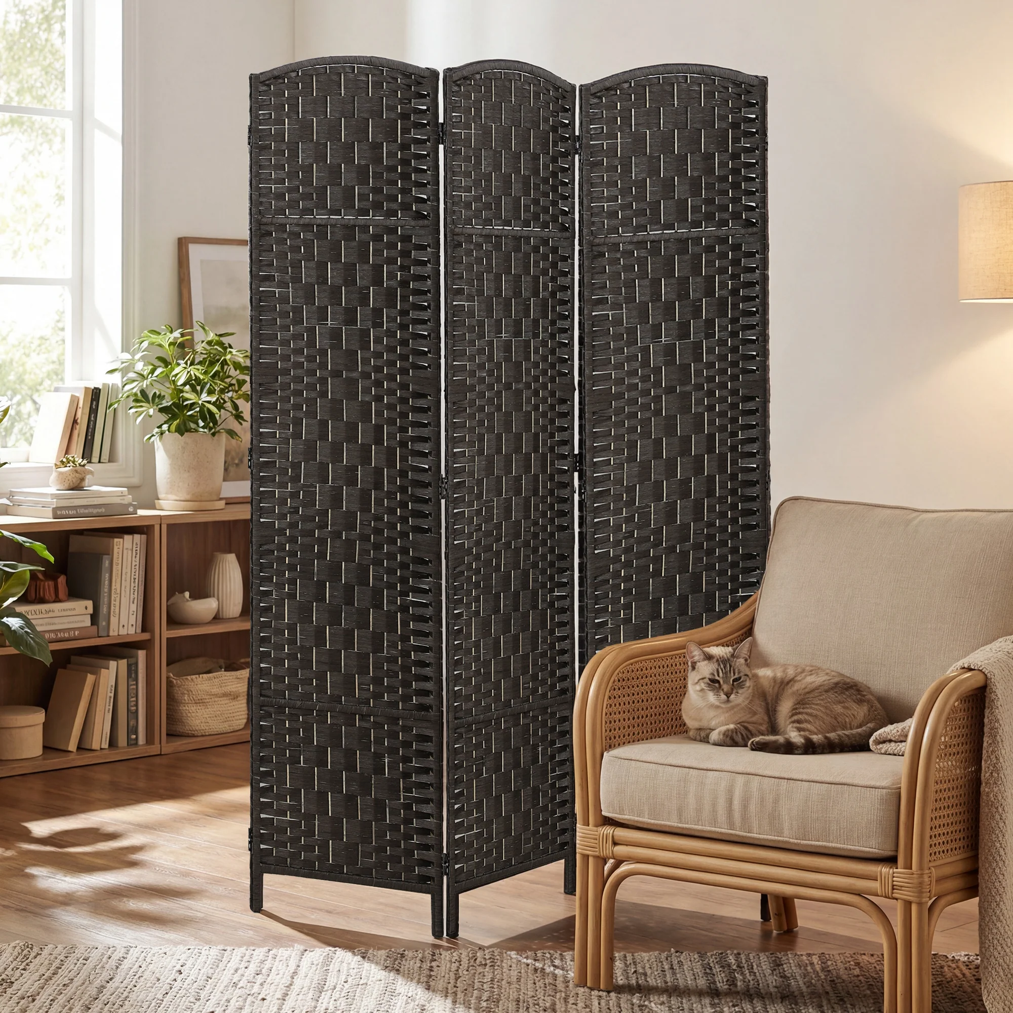 71" Tall 3-Panel Folding Room Divider, Wicker Weave Privacy Screen for Home Office, Coffee - Image 3