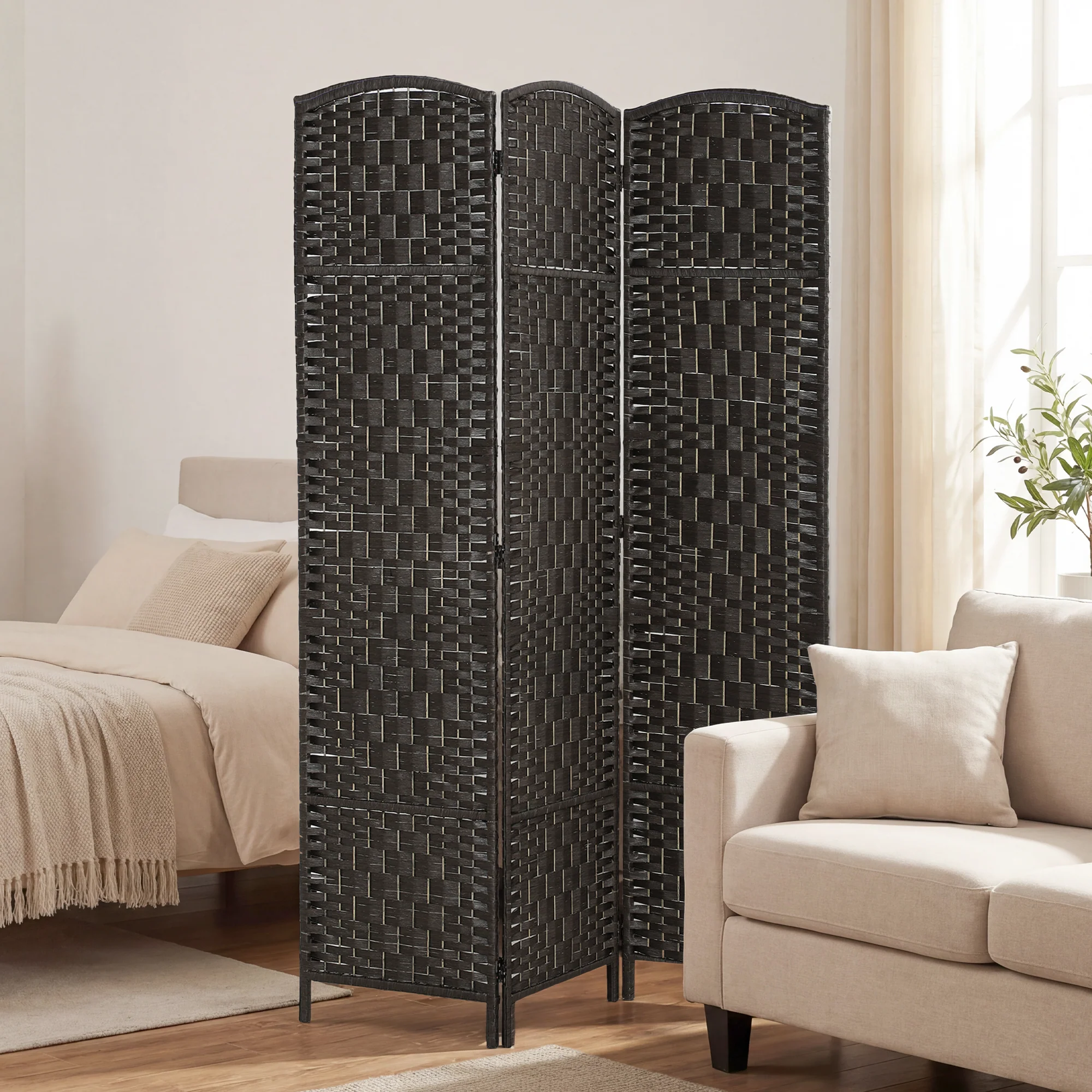71" Tall 3-Panel Folding Room Divider, Wicker Weave Privacy Screen for Home Office, Coffee - Image 4