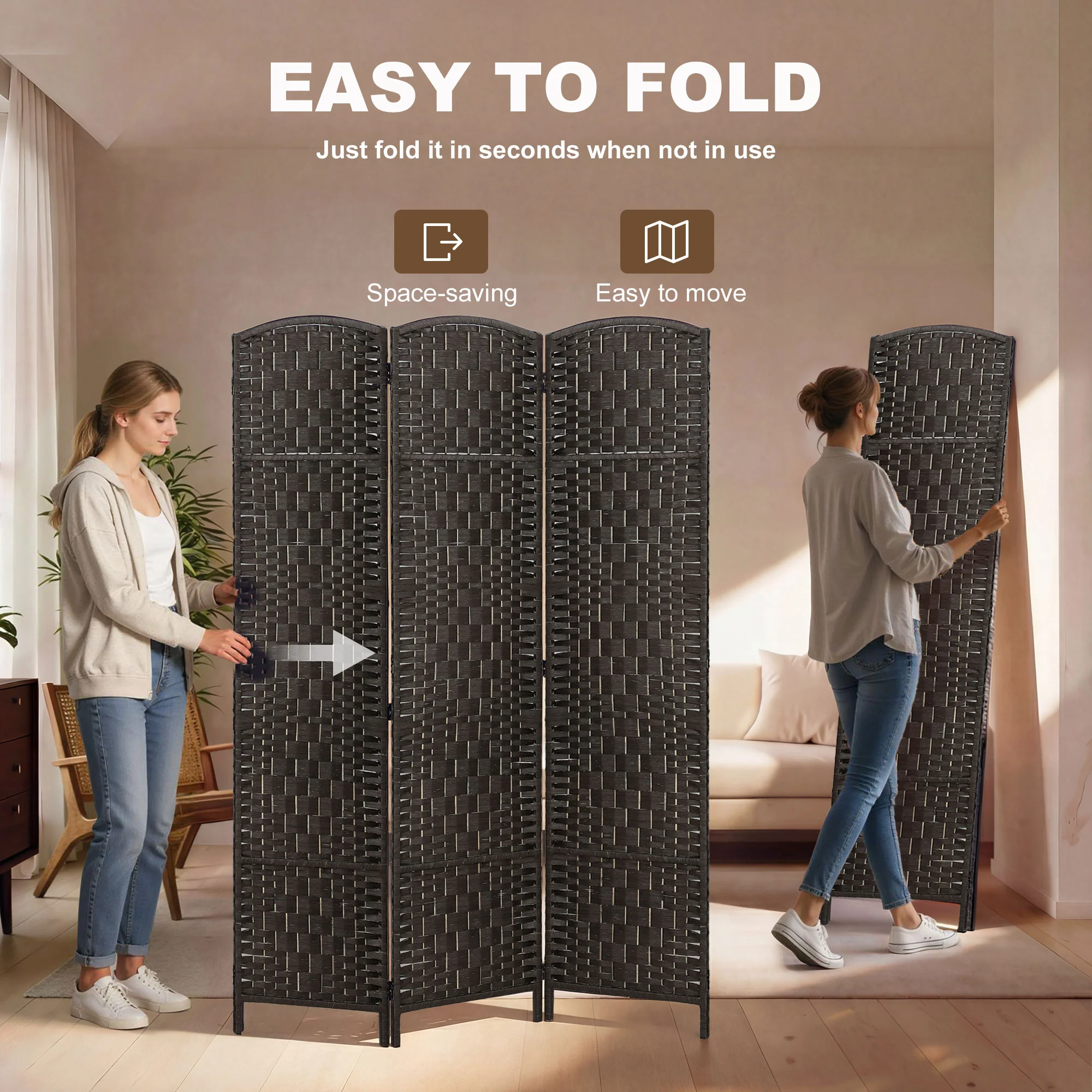 71" Tall 3-Panel Folding Room Divider, Wicker Weave Privacy Screen for Home Office, Coffee - Image 6