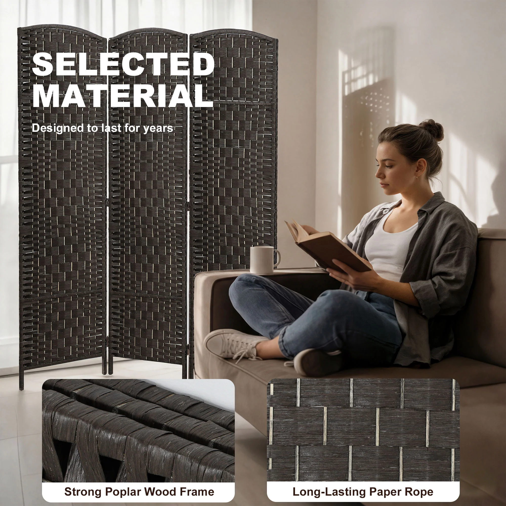 71" Tall 3-Panel Folding Room Divider, Wicker Weave Privacy Screen for Home Office, Coffee - Image 8