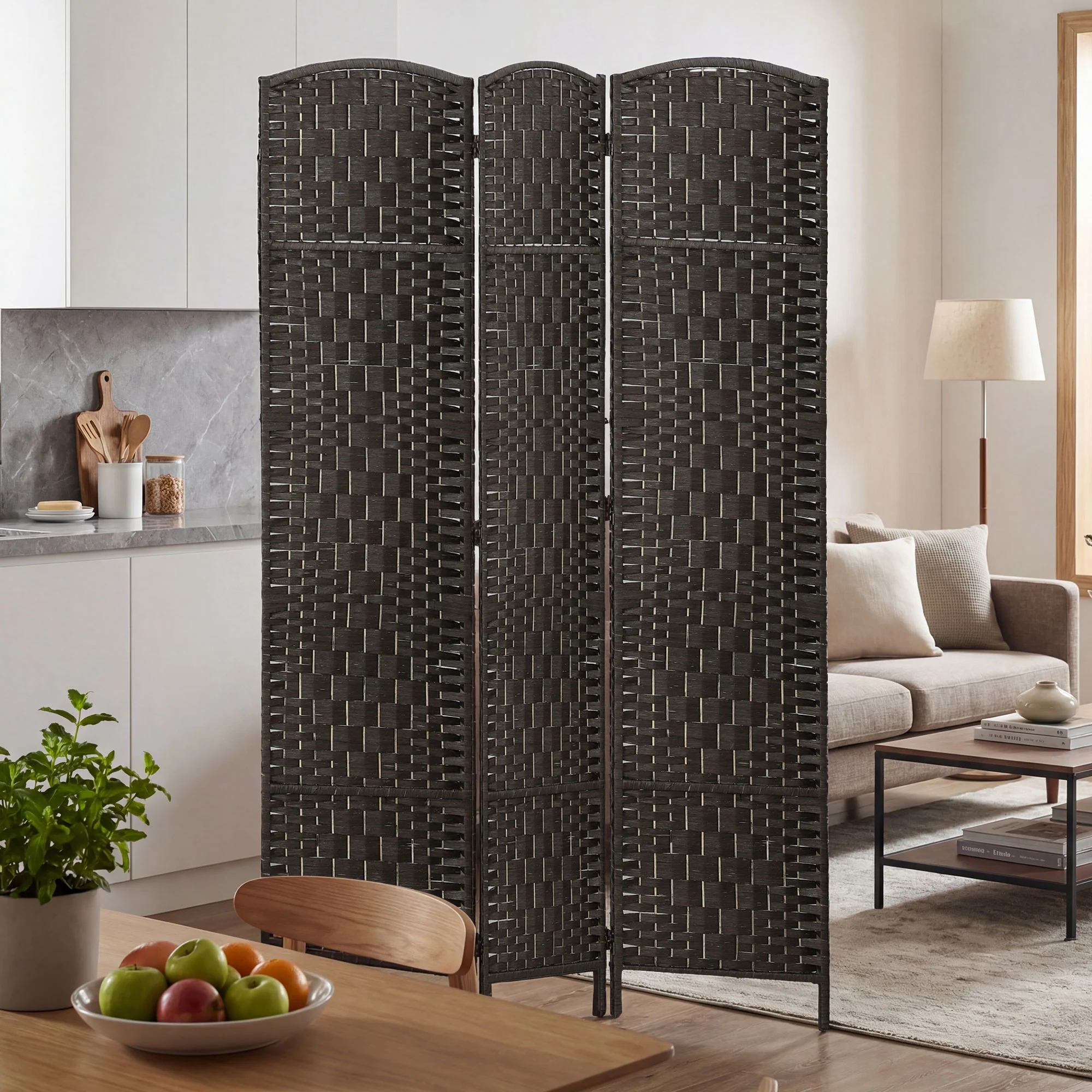 71" Tall 3-Panel Folding Room Divider, Wicker Weave Privacy Screen for Home Office, Coffee - Image 9