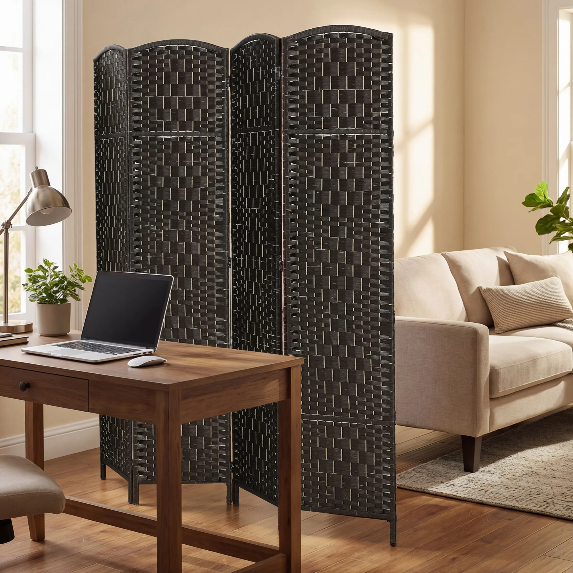 71" Tall 4-Panel Folding Room Divider, Wicker Weave Privacy Screen for Home Office, Coffee - Image 10