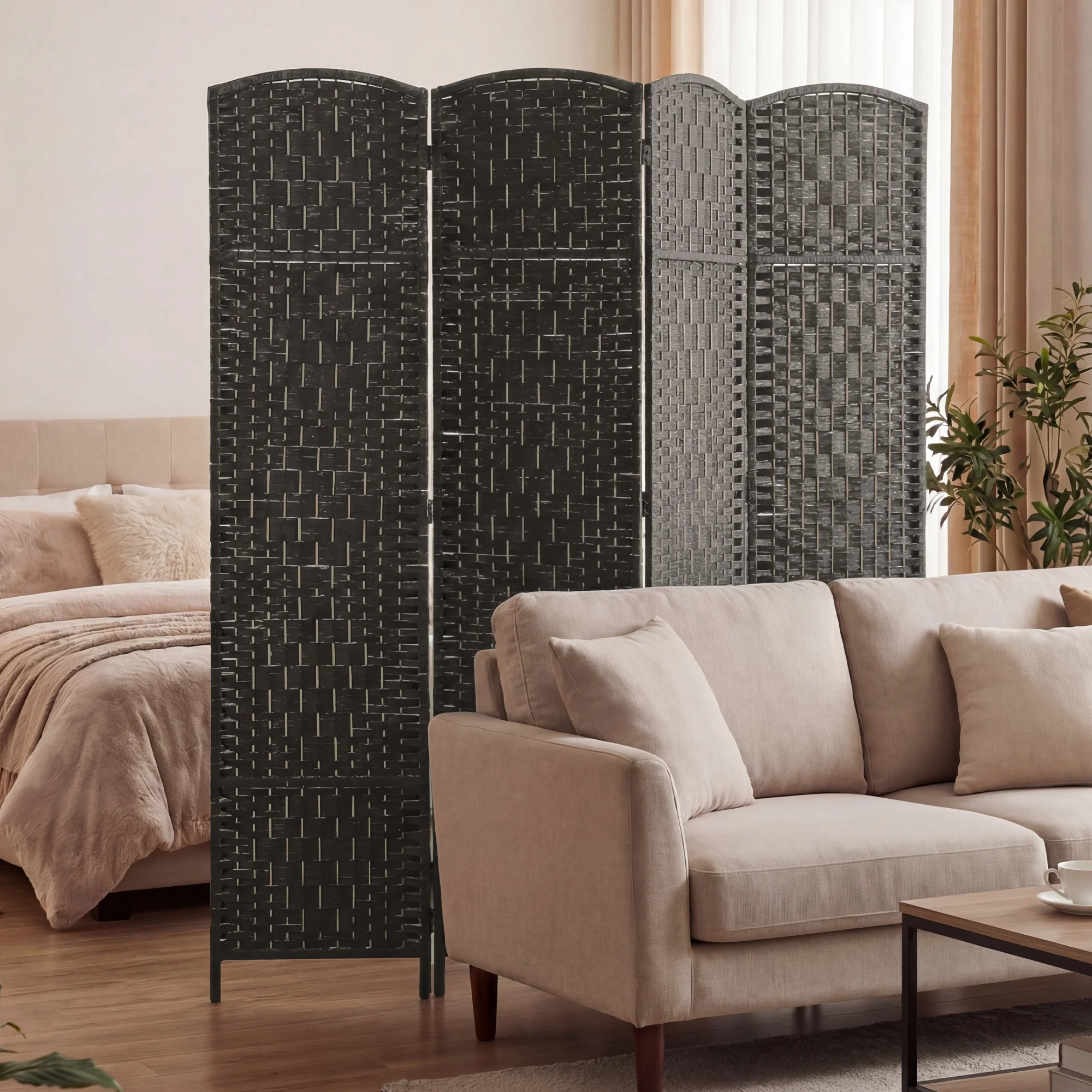71" Tall 4-Panel Folding Room Divider, Wicker Weave Privacy Screen for Home Office, Coffee - Image 11