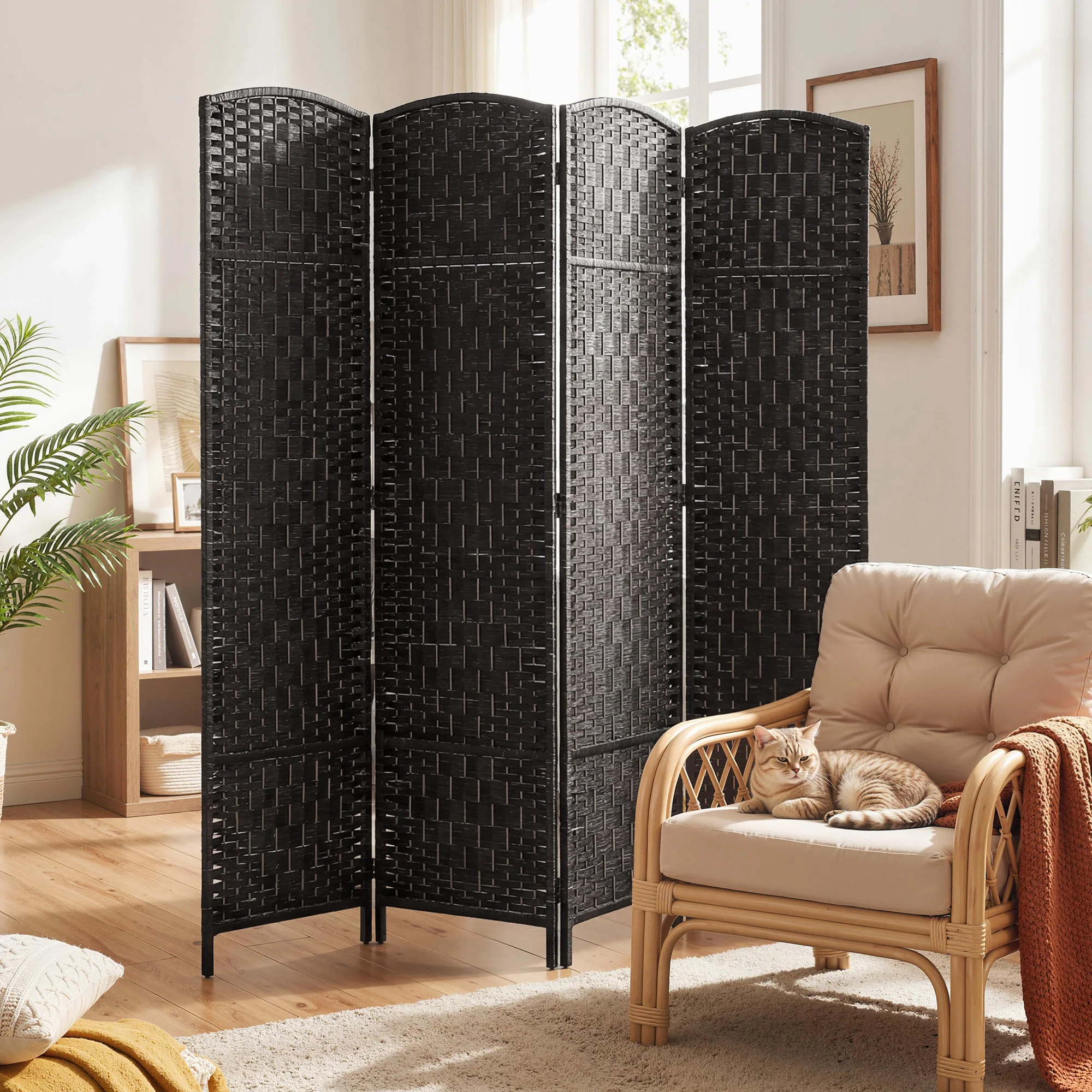 71" Tall 4-Panel Folding Room Divider, Wicker Weave Privacy Screen for Home Office, Coffee - Image 3