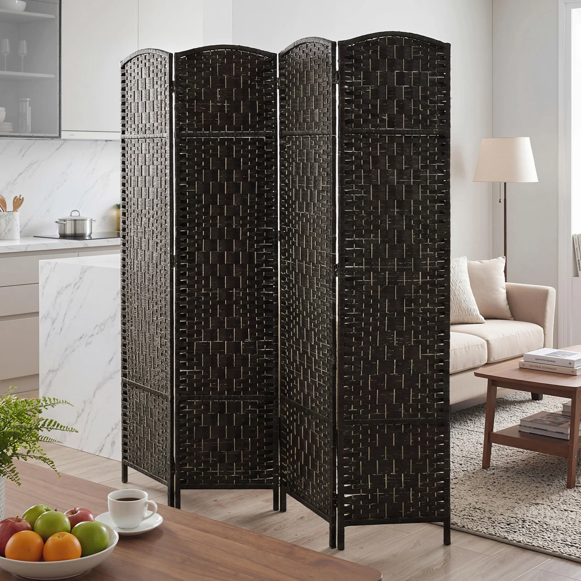 71" Tall 4-Panel Folding Room Divider, Wicker Weave Privacy Screen for Home Office, Coffee - Image 4