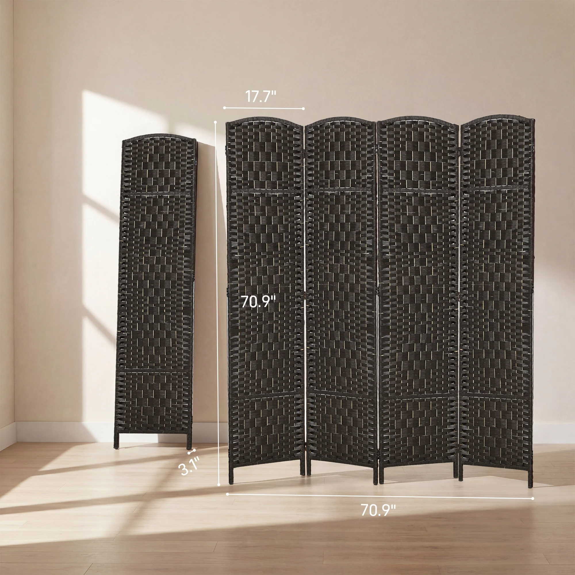 71" Tall 4-Panel Folding Room Divider, Wicker Weave Privacy Screen for Home Office, Coffee - Image 5