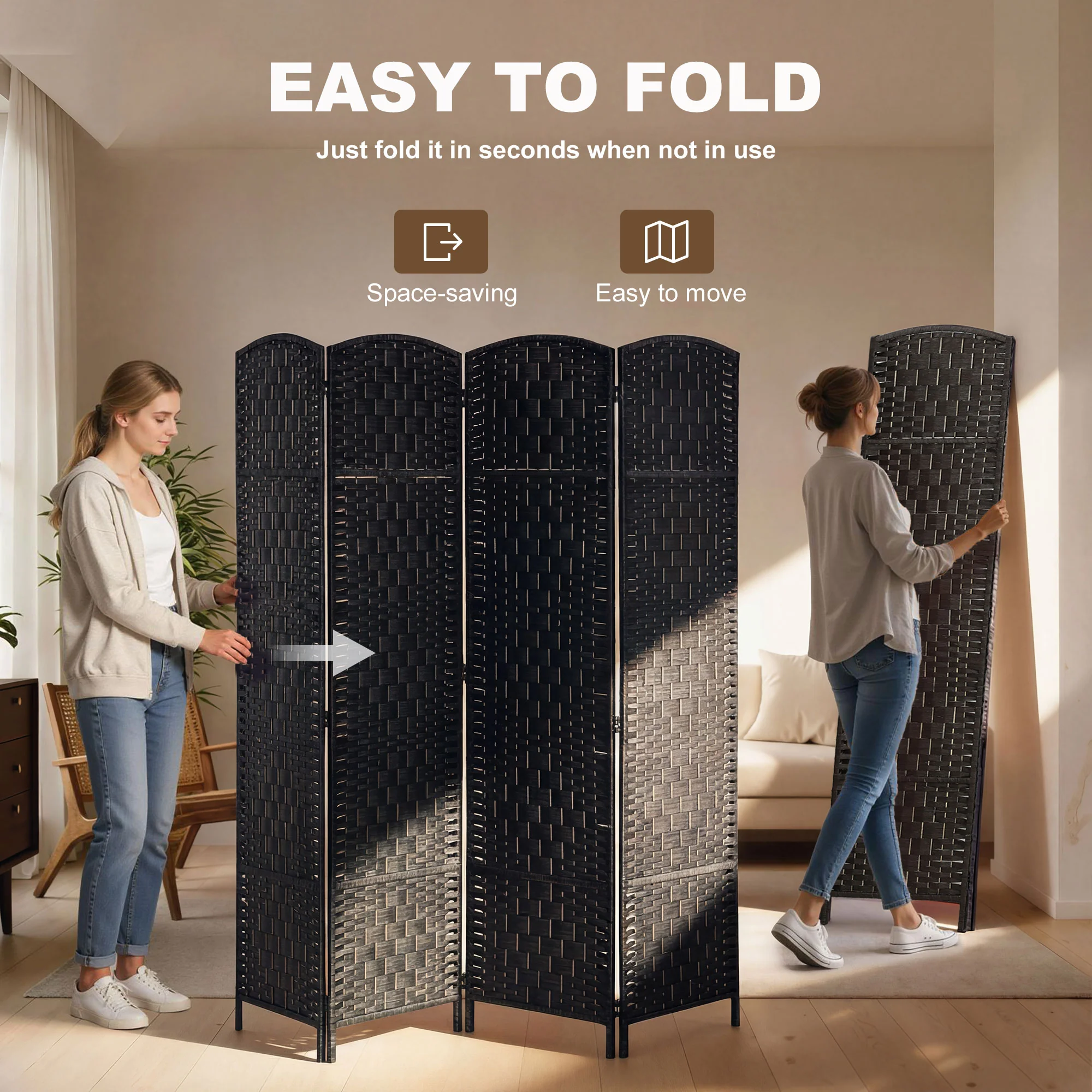 71" Tall 4-Panel Folding Room Divider, Wicker Weave Privacy Screen for Home Office, Coffee - Image 6