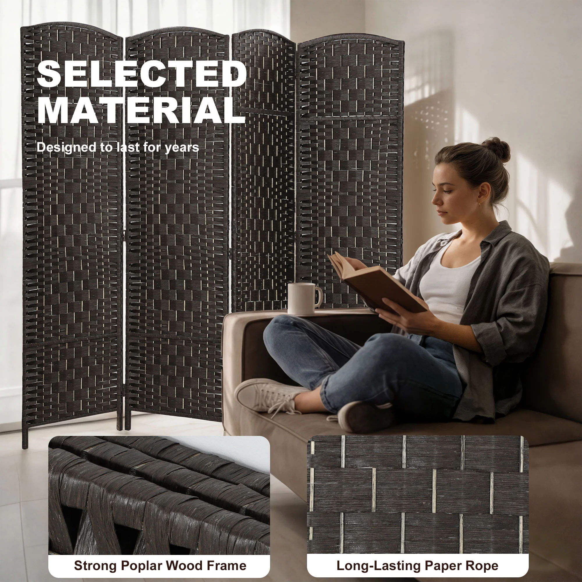 71" Tall 4-Panel Folding Room Divider, Wicker Weave Privacy Screen for Home Office, Coffee - Image 8