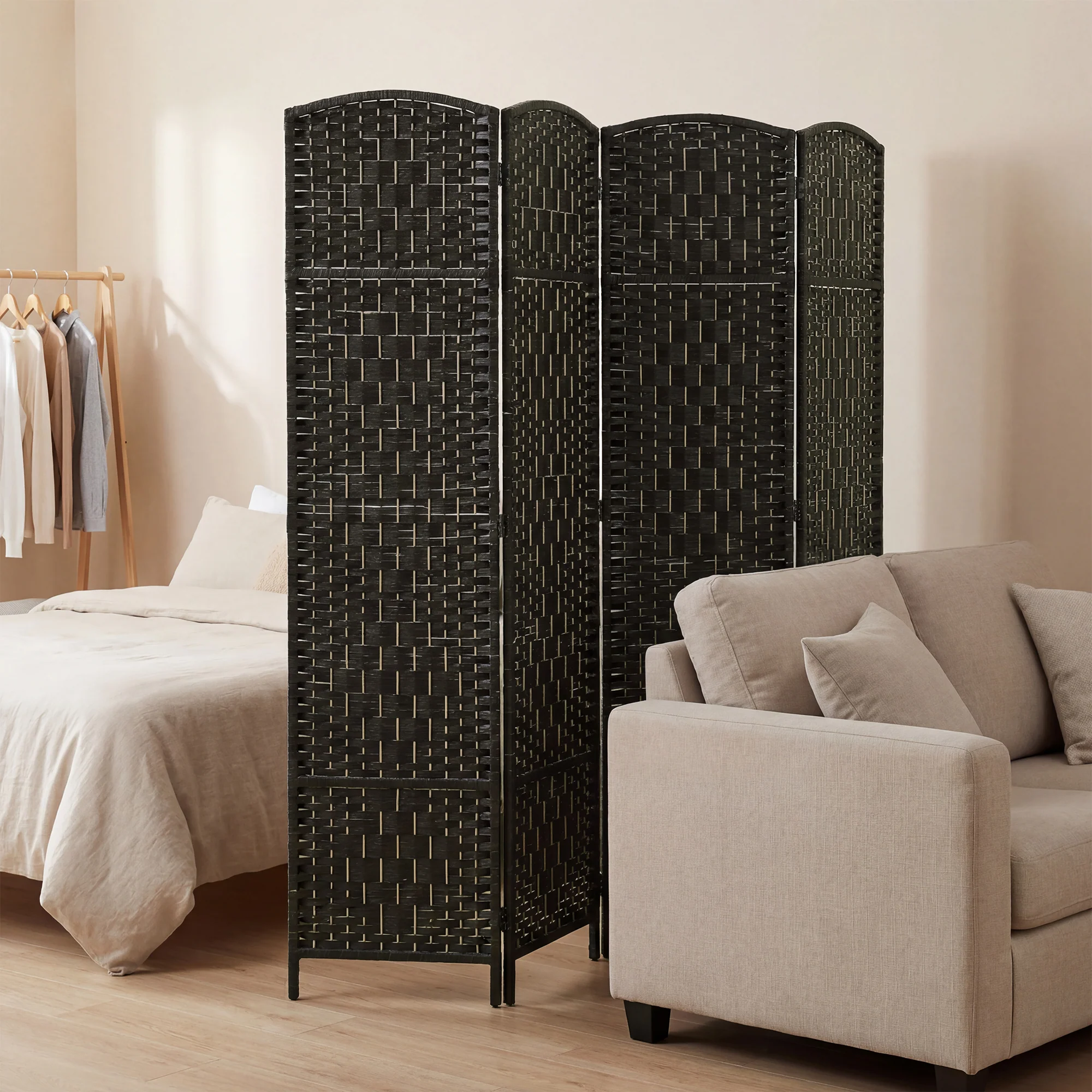 71" Tall 4-Panel Folding Room Divider, Wicker Weave Privacy Screen for Home Office, Coffee - Image 9