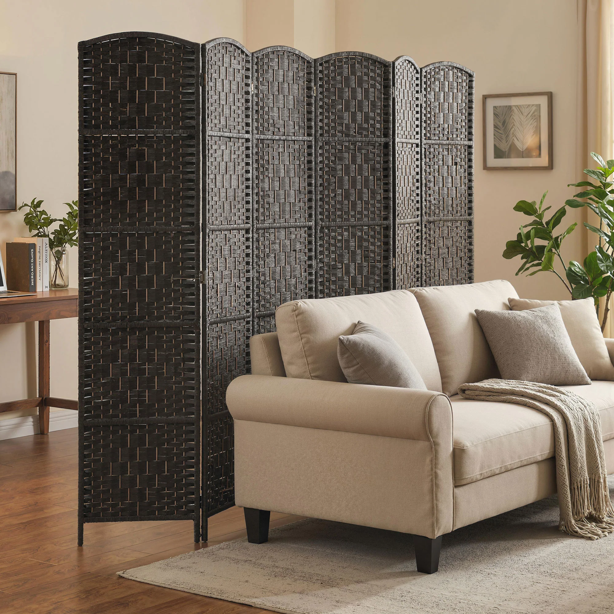 71" Tall 6-Panel Folding Room Divider, Wicker Weave Privacy Screen for Home Office, Coffee - Image 10