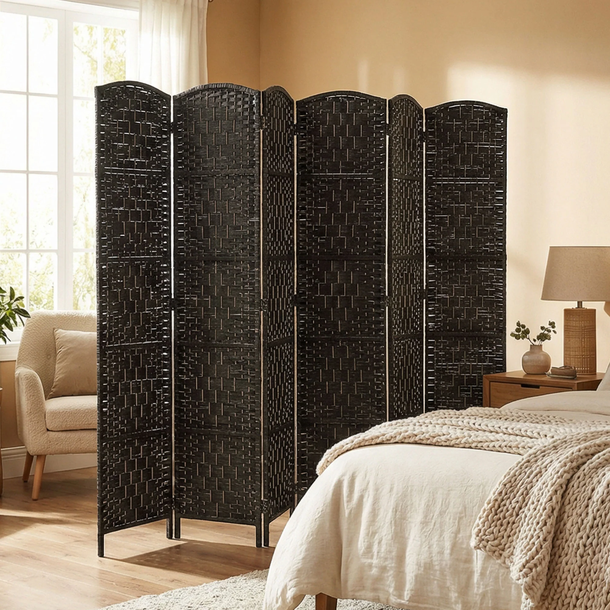 71" Tall 6-Panel Folding Room Divider, Wicker Weave Privacy Screen for Home Office, Coffee - Image 11