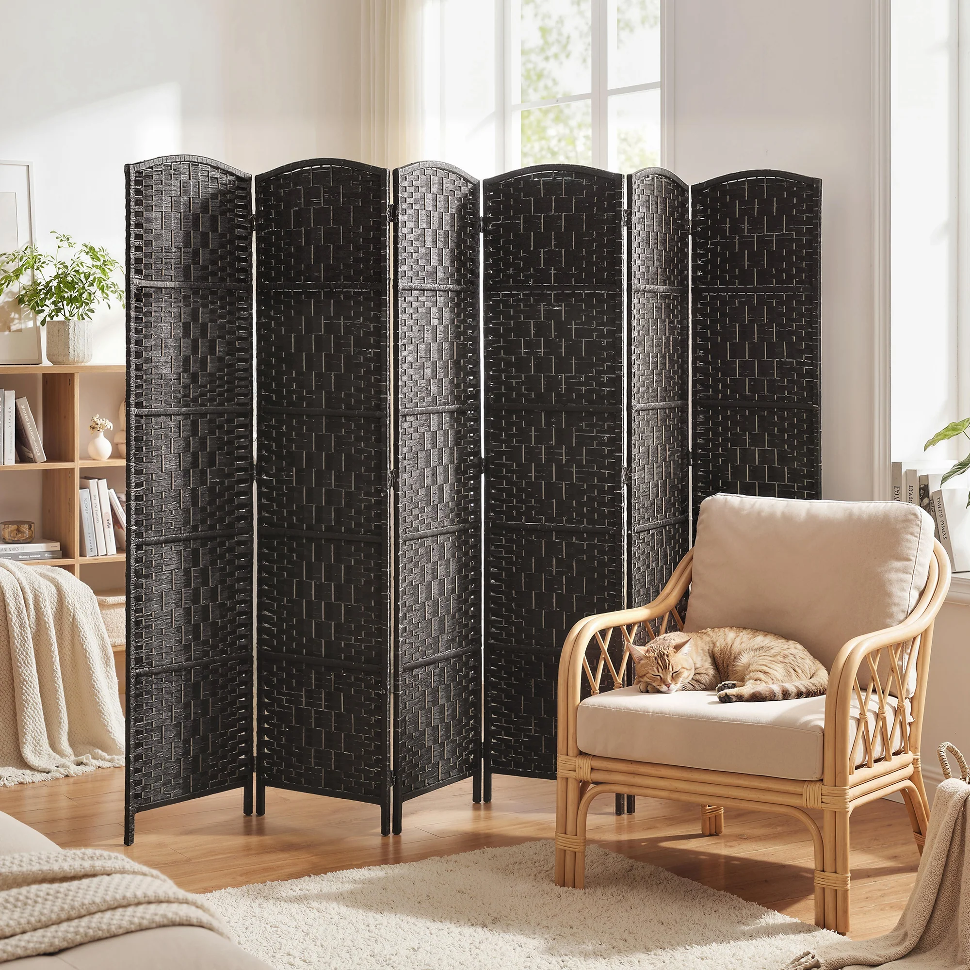 71" Tall 6-Panel Folding Room Divider, Wicker Weave Privacy Screen for Home Office, Coffee - Image 3