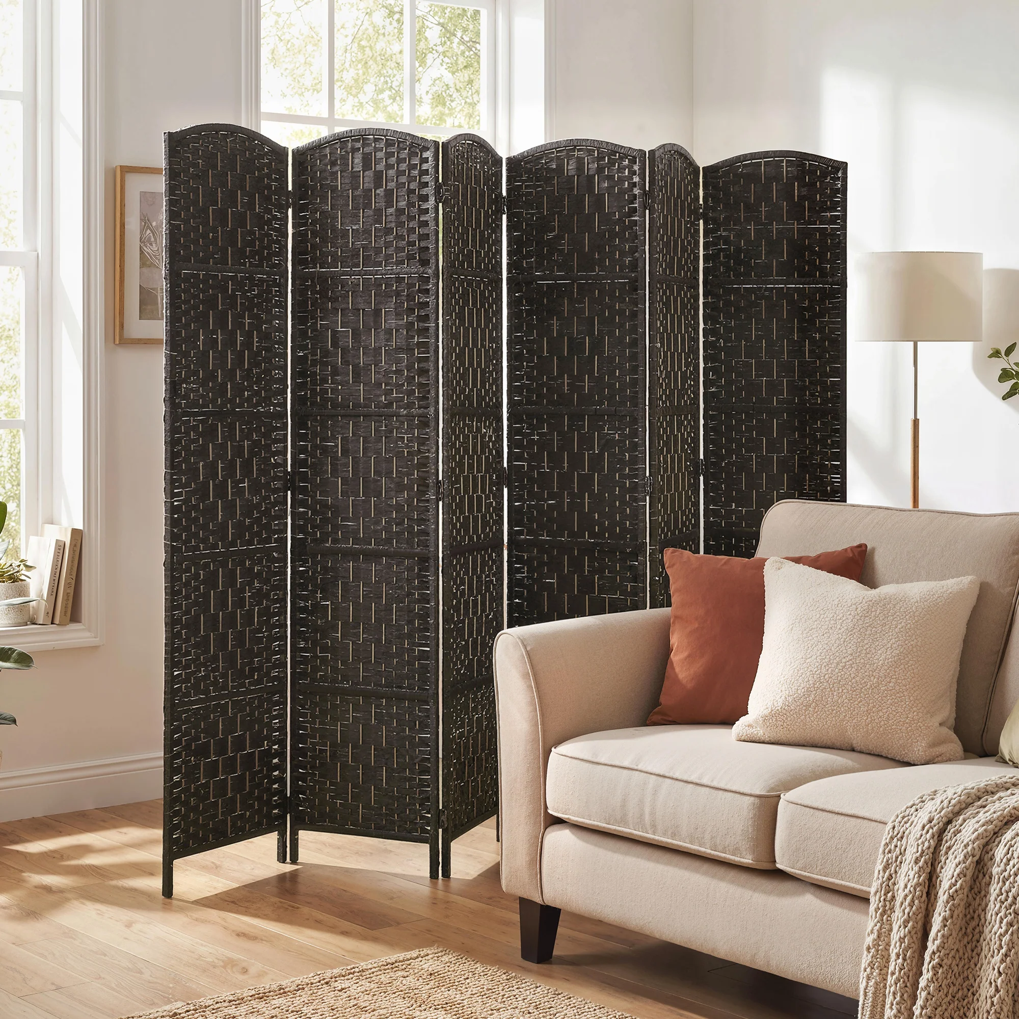 71" Tall 6-Panel Folding Room Divider, Wicker Weave Privacy Screen for Home Office, Coffee - Image 4