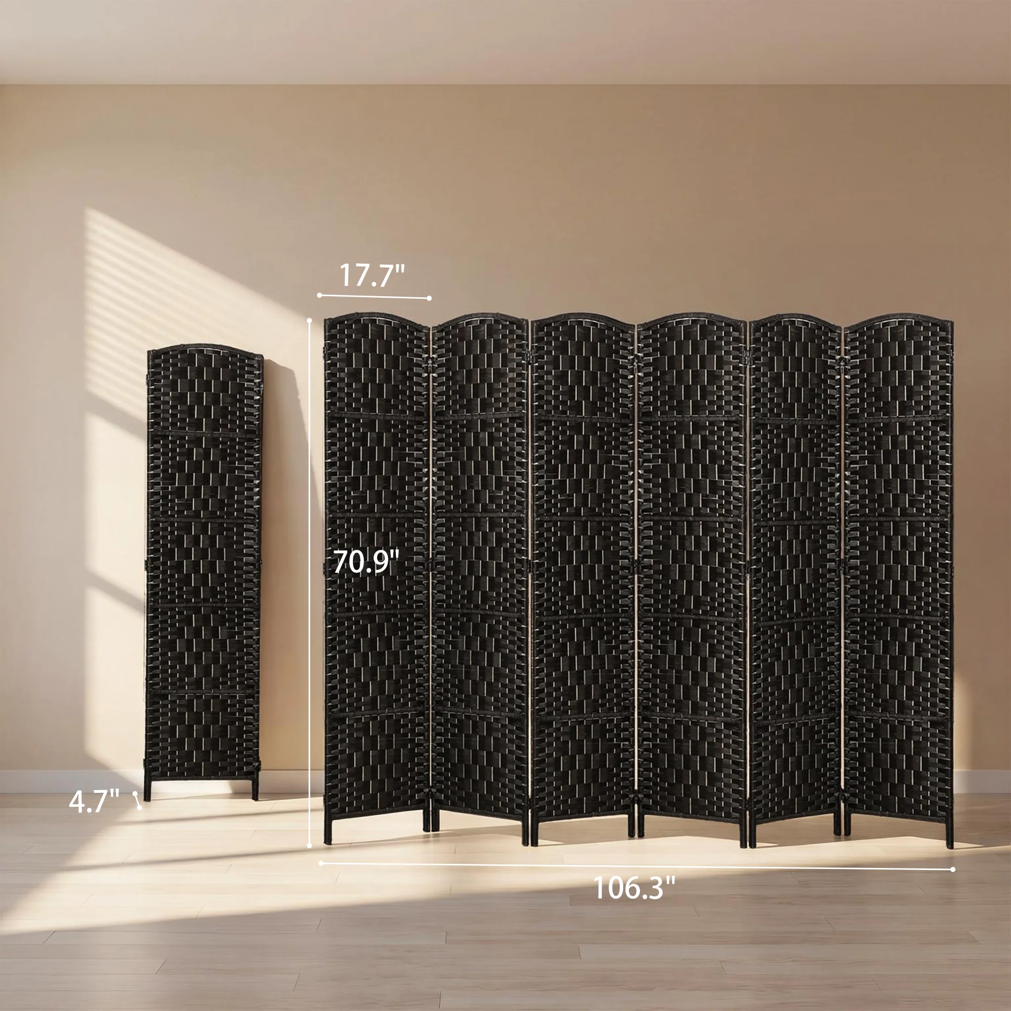 71" Tall 6-Panel Folding Room Divider, Wicker Weave Privacy Screen for Home Office, Coffee - Image 5