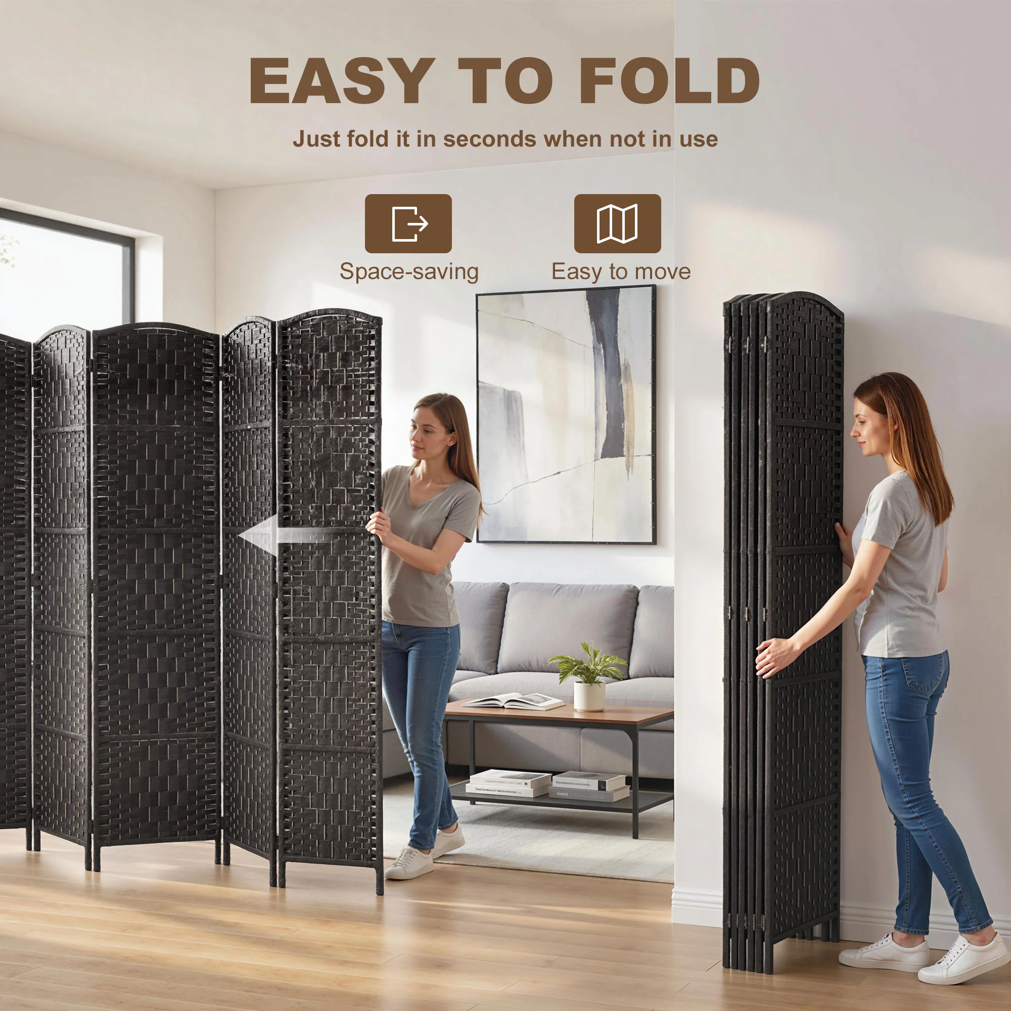 71" Tall 6-Panel Folding Room Divider, Wicker Weave Privacy Screen for Home Office, Coffee - Image 6