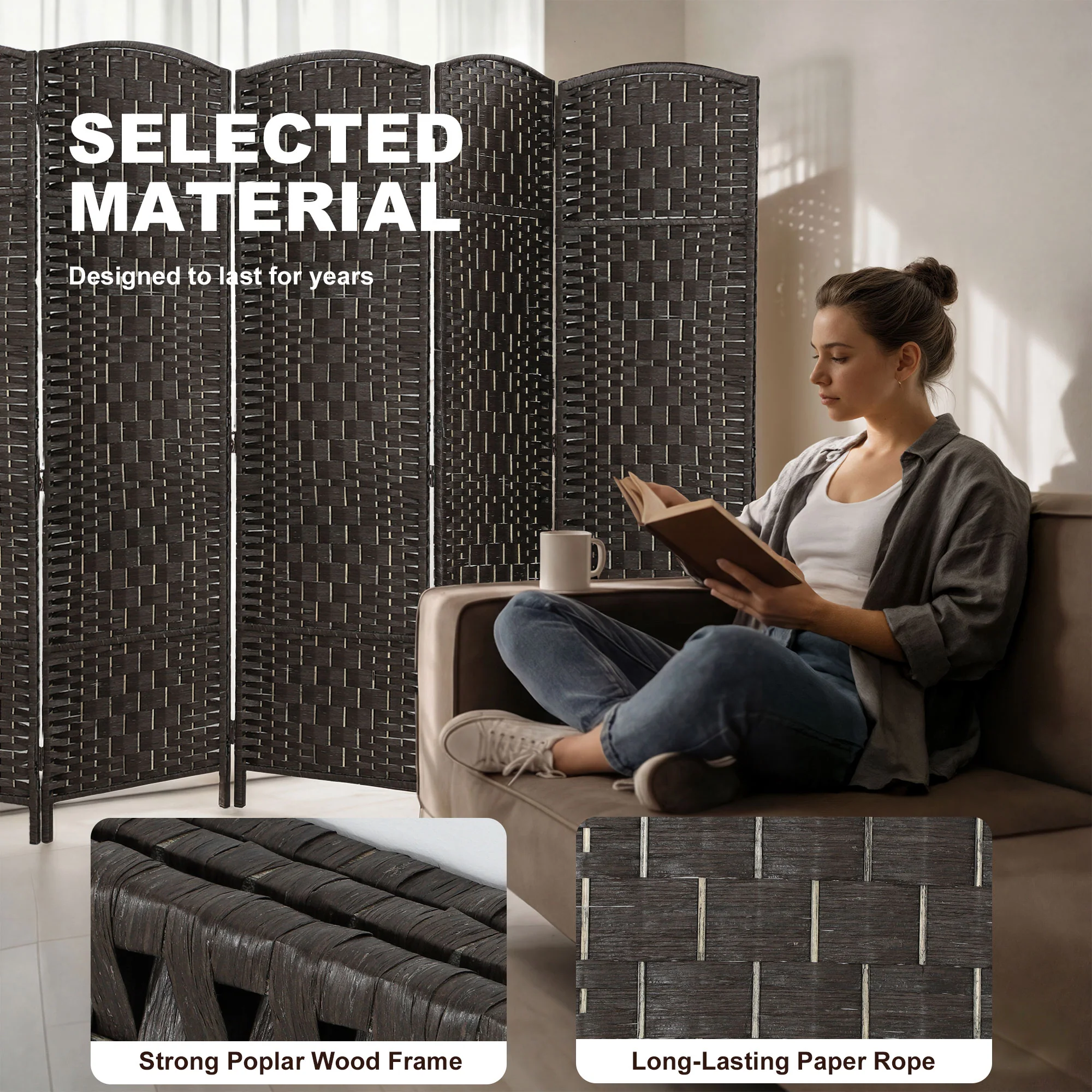 71" Tall 6-Panel Folding Room Divider, Wicker Weave Privacy Screen for Home Office, Coffee - Image 8