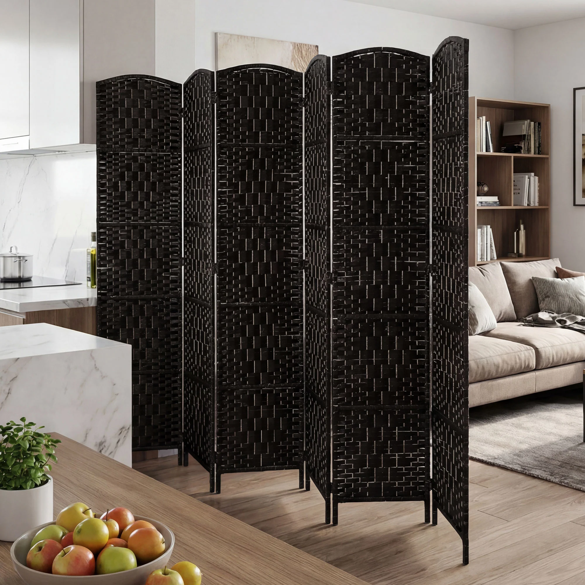 71" Tall 6-Panel Folding Room Divider, Wicker Weave Privacy Screen for Home Office, Coffee - Image 9