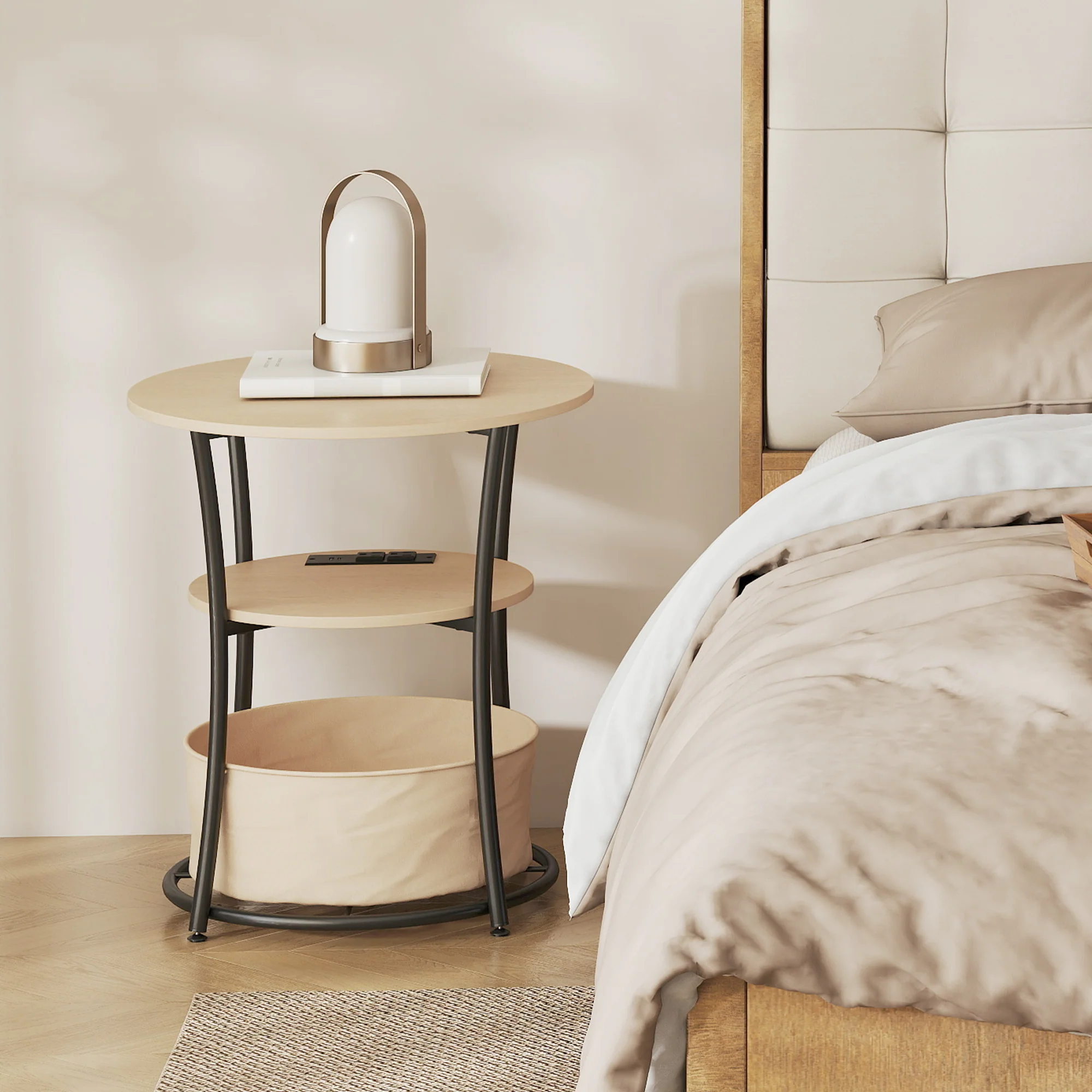 20" Dia Round Side Table with Charging Station, 3-Tier Fabric Storage, Natural Wood - Image 11