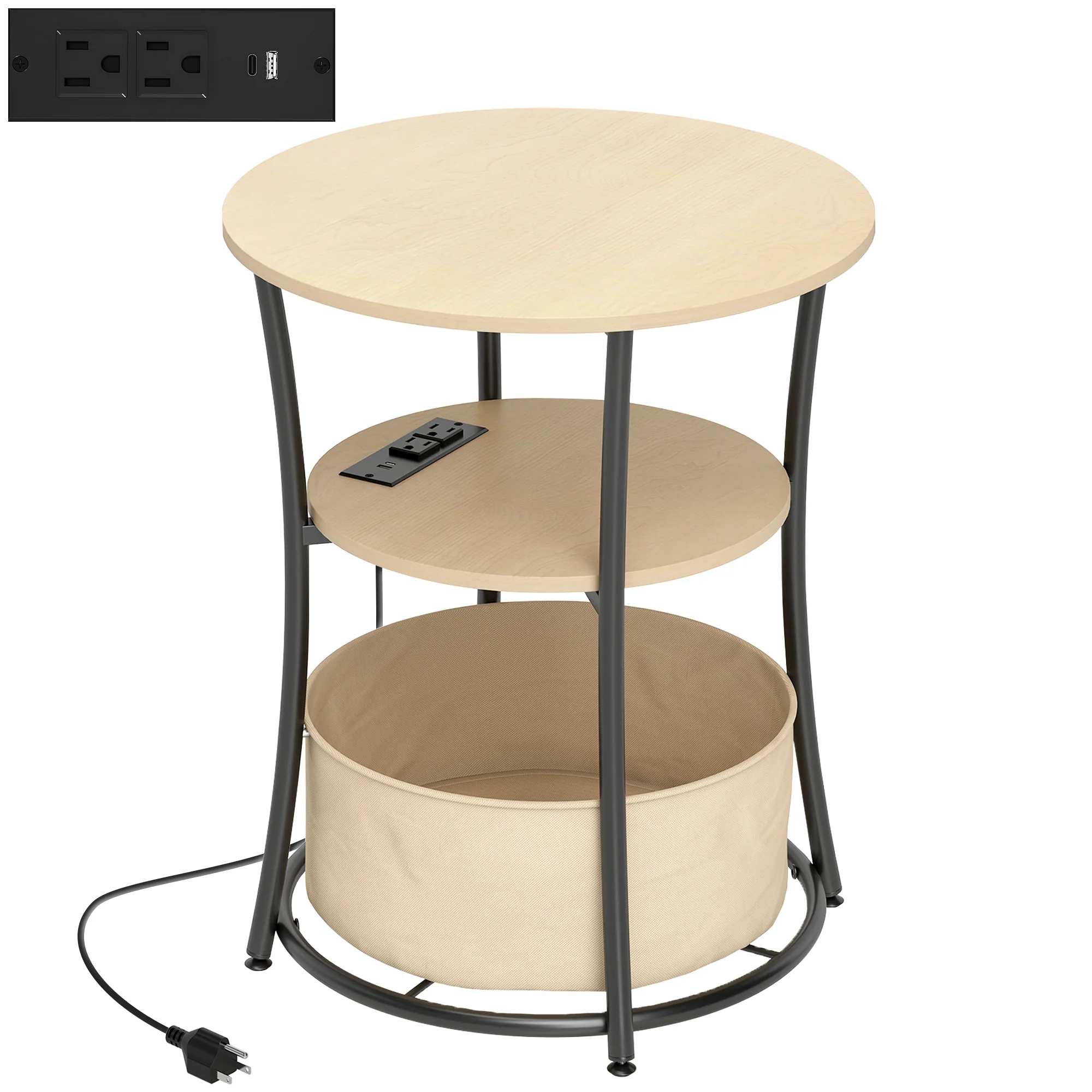 20" Dia Round Side Table with Charging Station, 3-Tier Fabric Storage, Natural Wood - Image 12