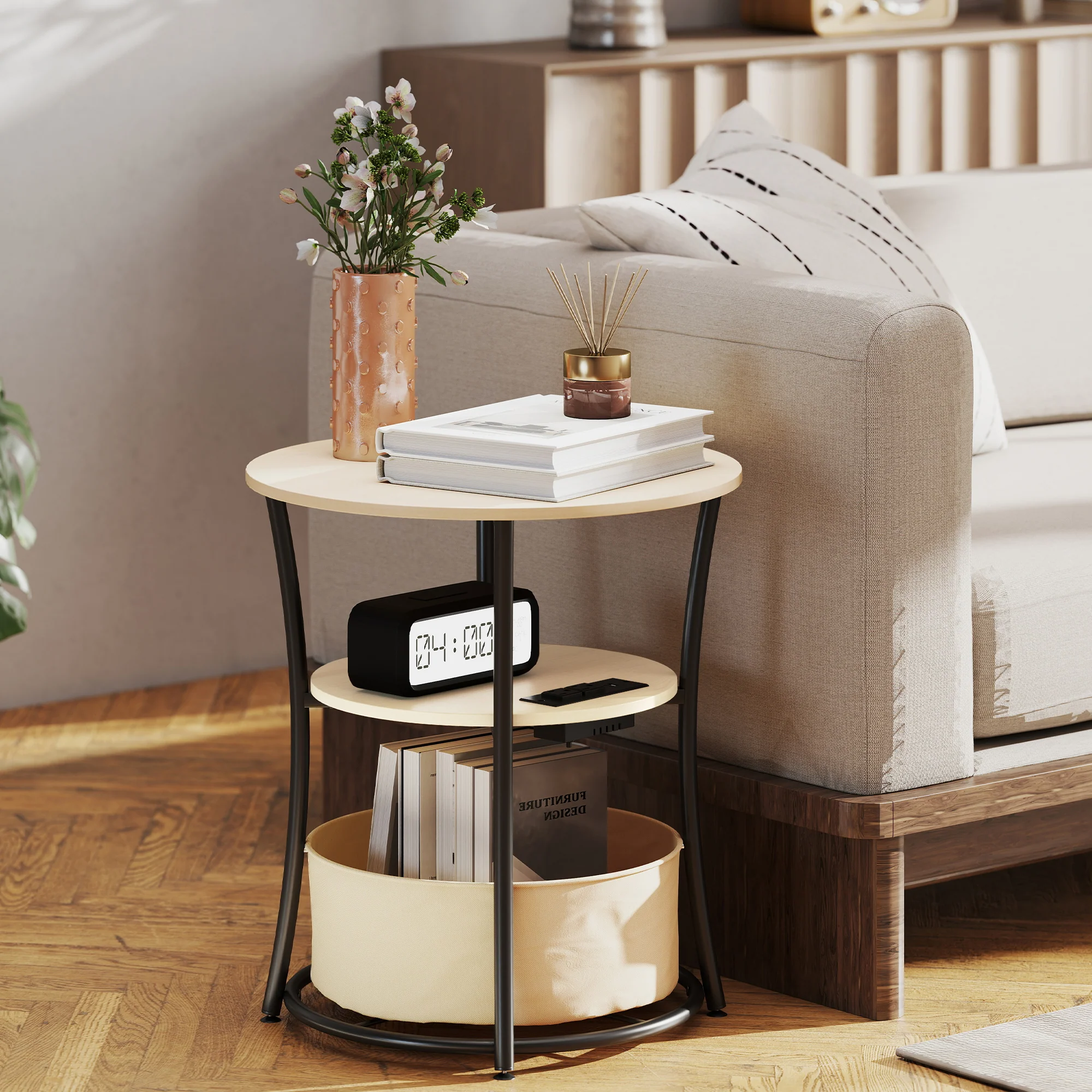 20" Dia Round Side Table with Charging Station, 3-Tier Fabric Storage, Natural Wood - Image 3