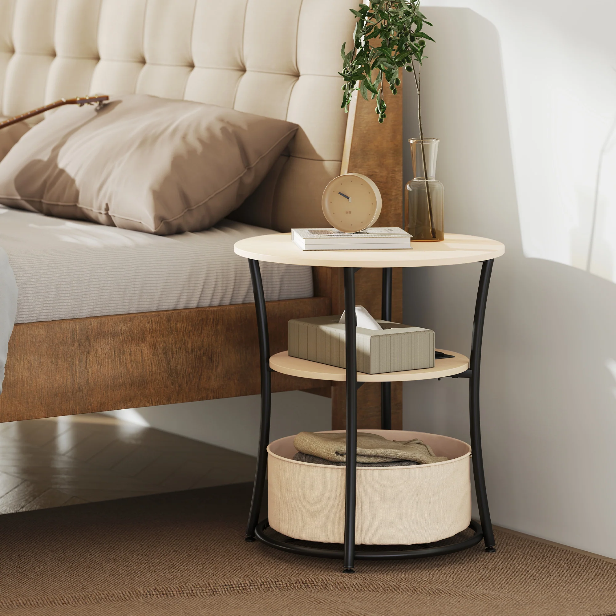 20" Dia Round Side Table with Charging Station, 3-Tier Fabric Storage, Natural Wood - Image 4