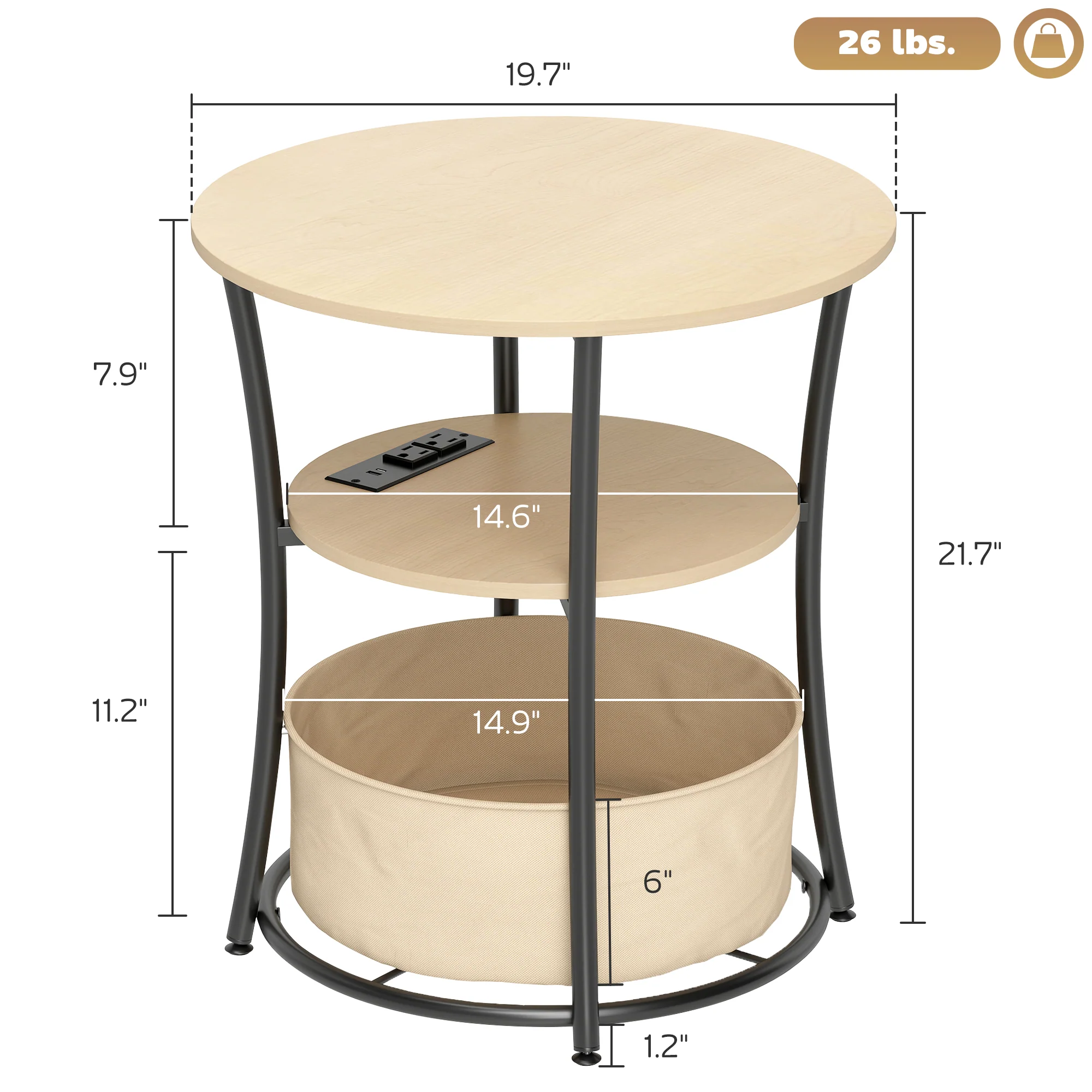 20" Dia Round Side Table with Charging Station, 3-Tier Fabric Storage, Natural Wood - Image 5