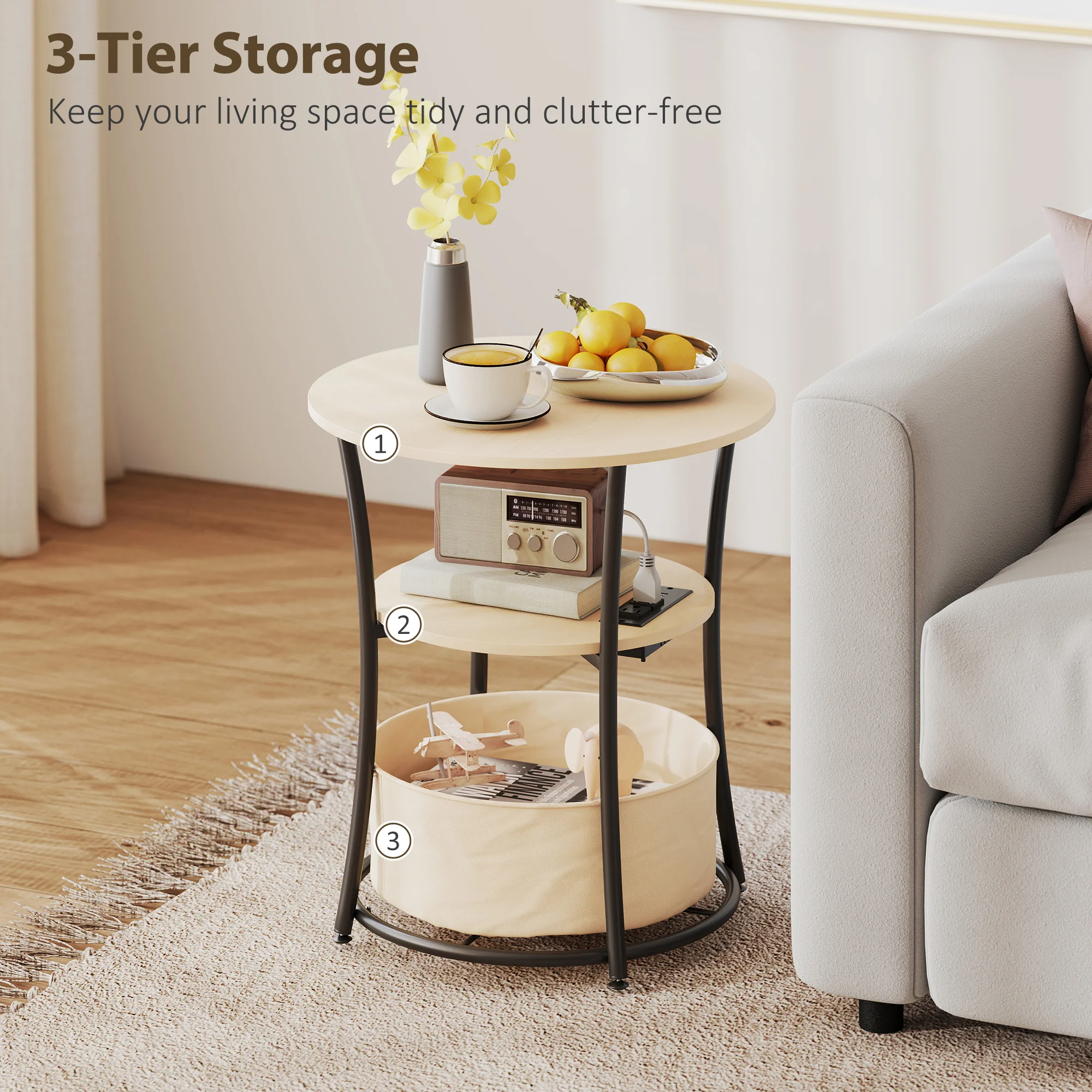 20" Dia Round Side Table with Charging Station, 3-Tier Fabric Storage, Natural Wood - Image 7