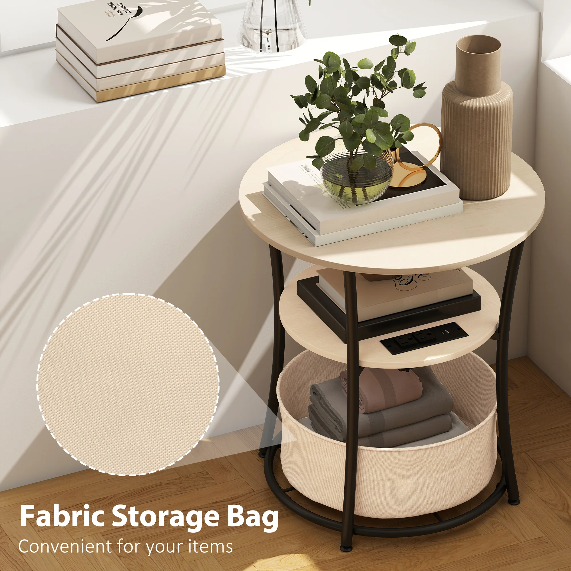 20" Dia Round Side Table with Charging Station, 3-Tier Fabric Storage, Natural Wood - Image 8