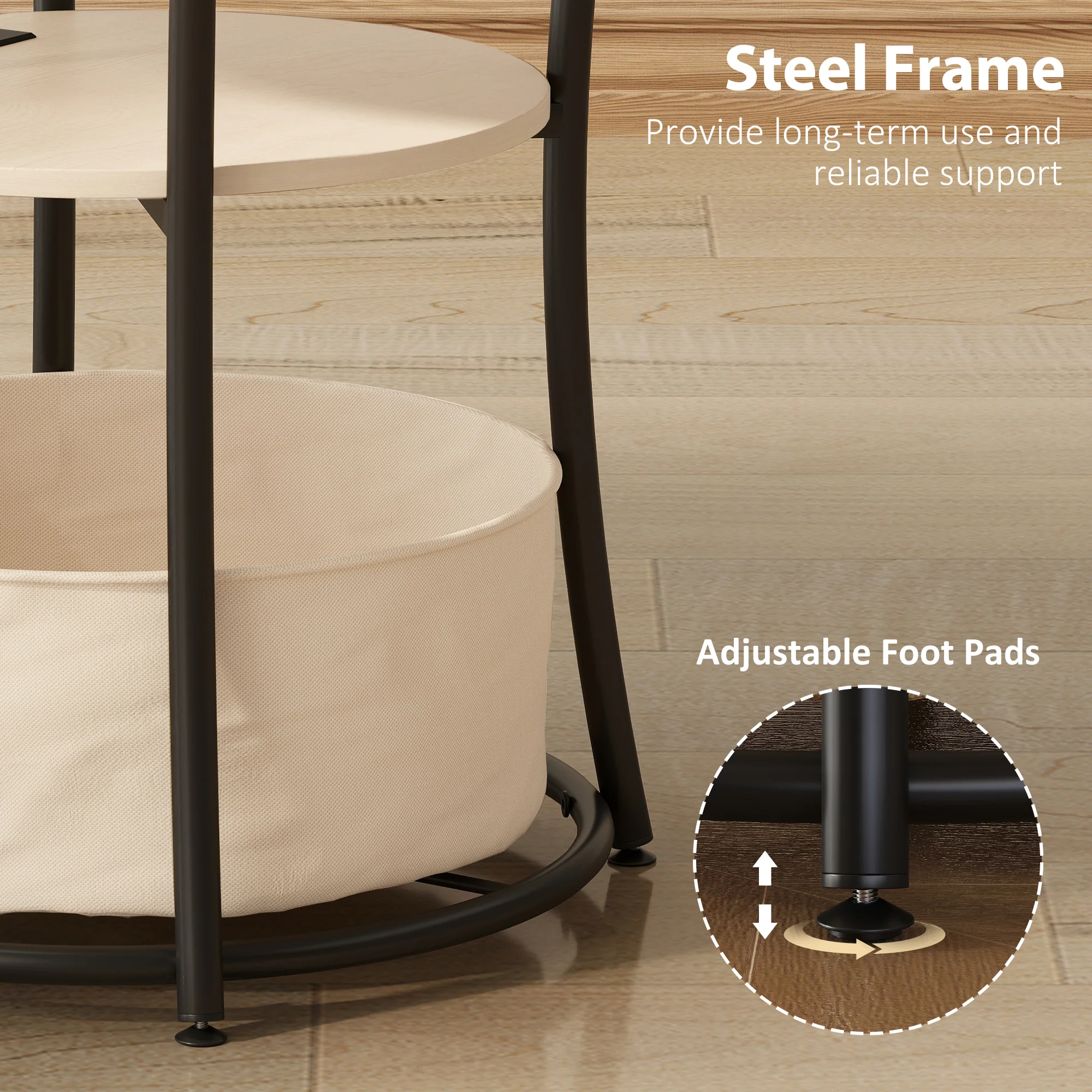 20" Dia Round Side Table with Charging Station, 3-Tier Fabric Storage, Natural Wood - Image 9