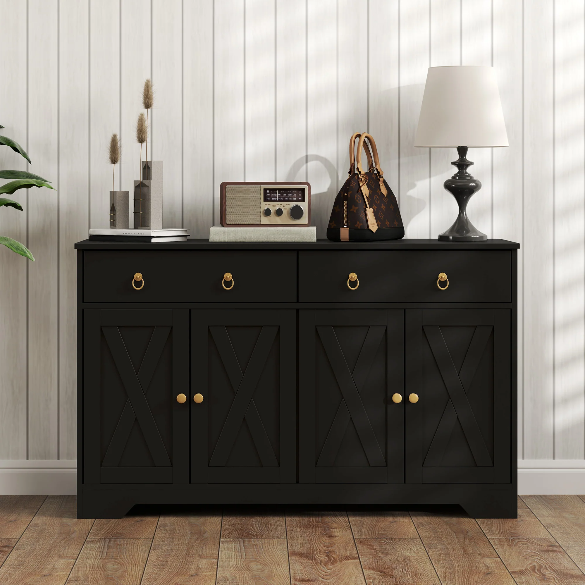 48" Storage Buffet Cabinet, Dining Sideboard Cabinet with Adjustable Shelves, Black - Image 10