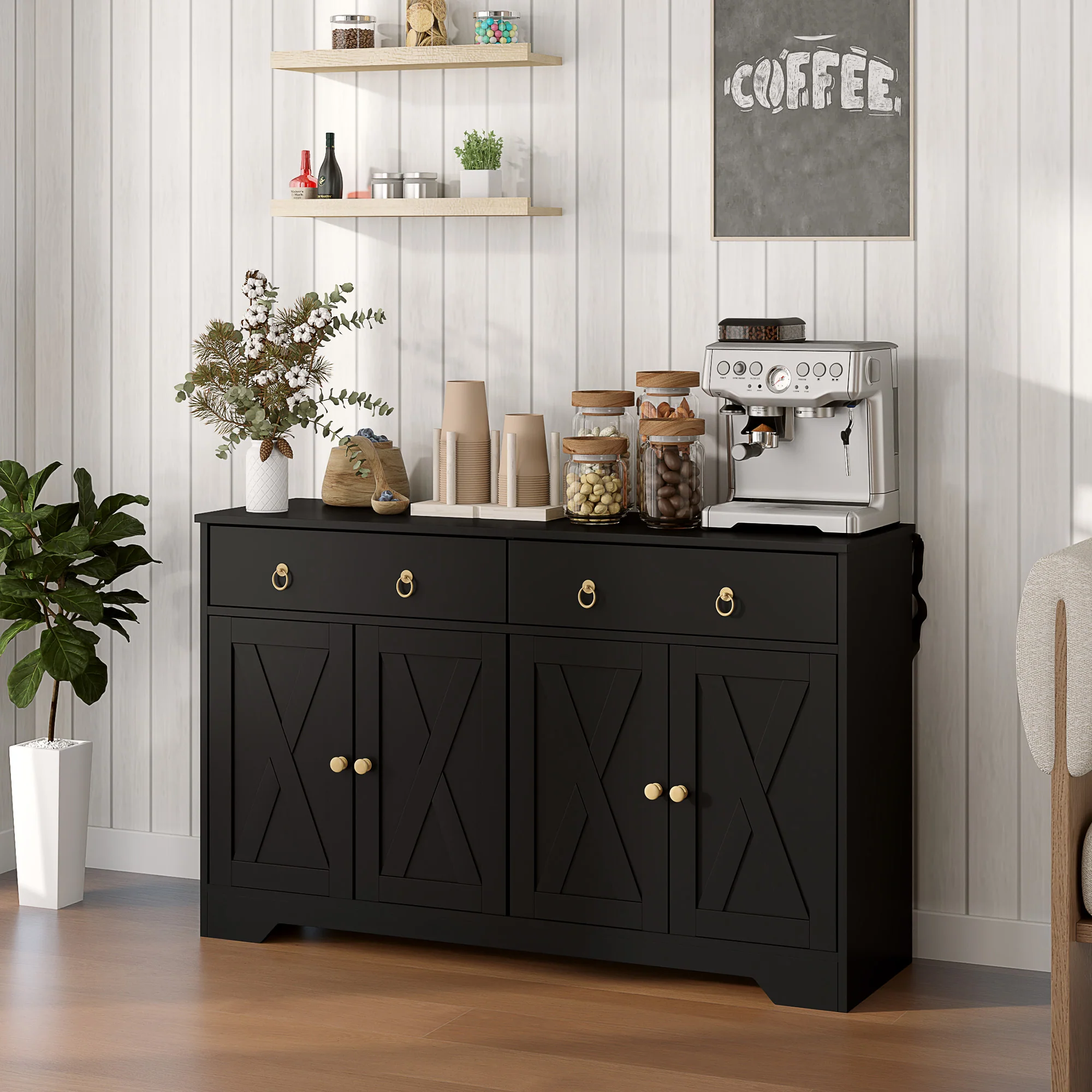 48" Storage Buffet Cabinet, Dining Sideboard Cabinet with Adjustable Shelves, Black - Image 3