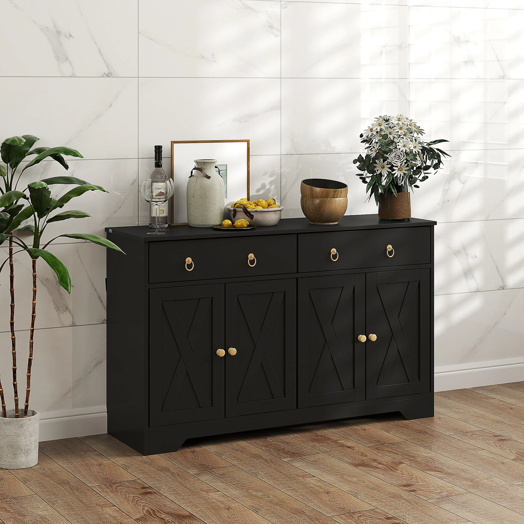48" Storage Buffet Cabinet, Dining Sideboard Cabinet with Adjustable Shelves, Black - Image 4