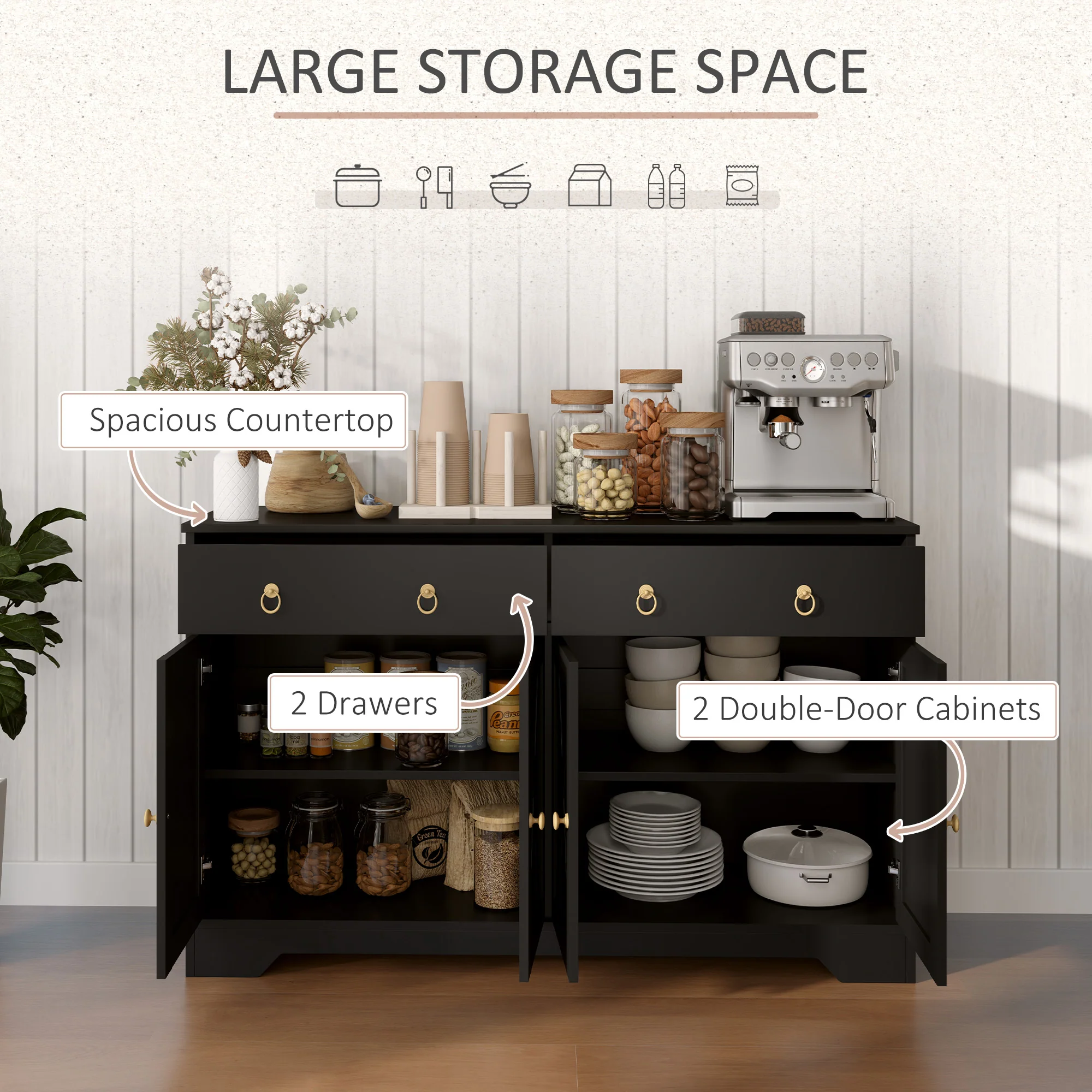 48" Storage Buffet Cabinet, Dining Sideboard Cabinet with Adjustable Shelves, Black - Image 6