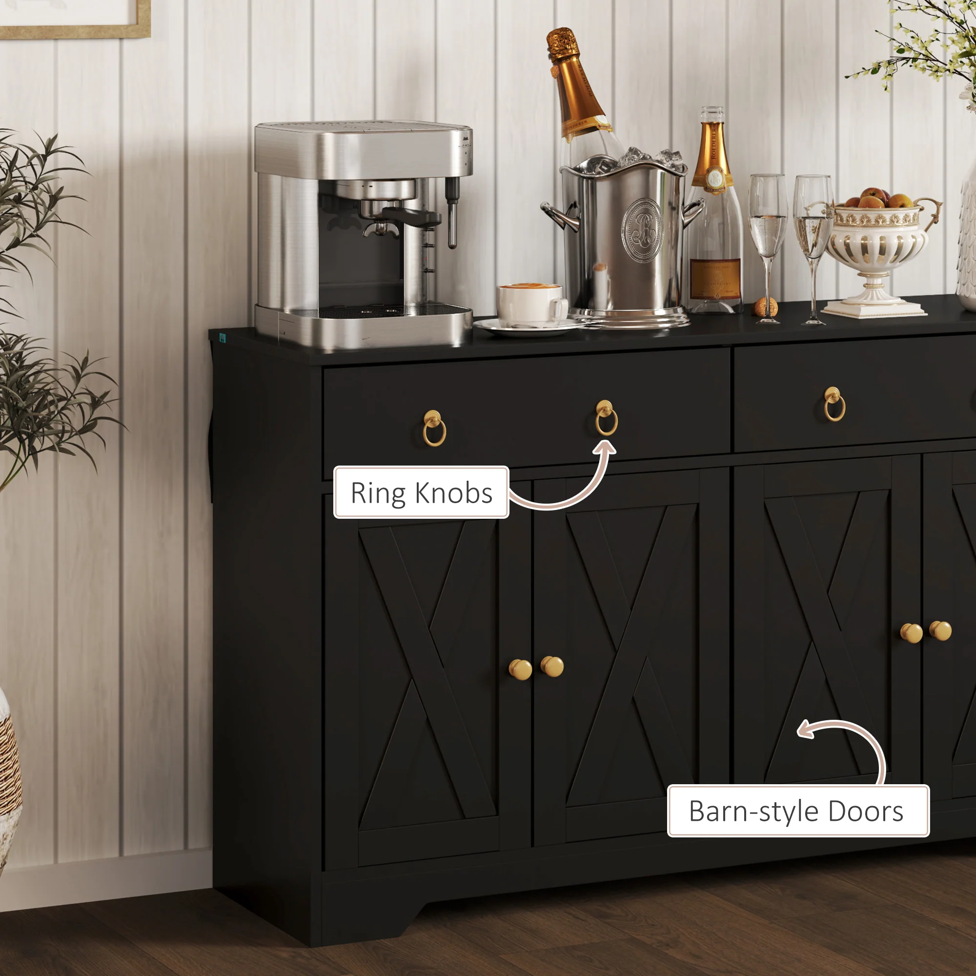 48" Storage Buffet Cabinet, Dining Sideboard Cabinet with Adjustable Shelves, Black - Image 8