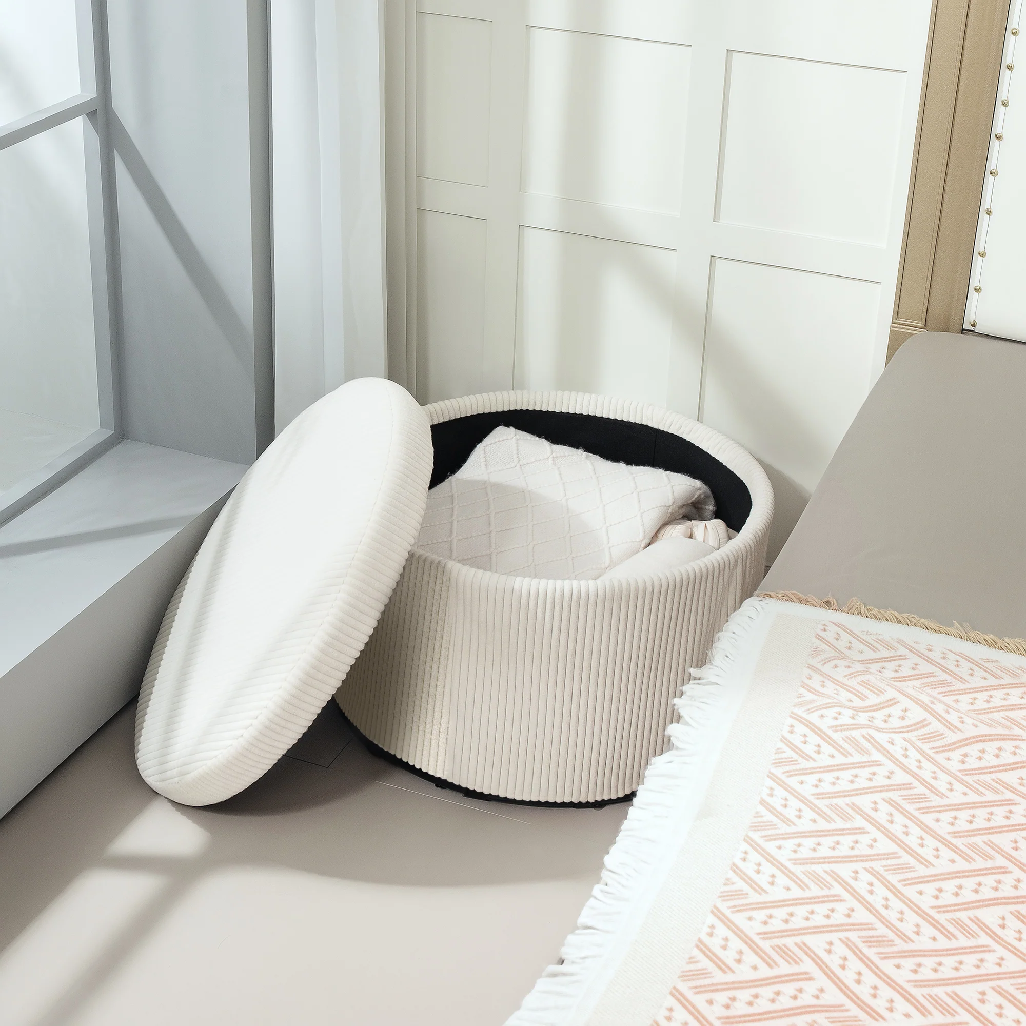 24" Storage Ottoman with Lid, Upholstered Corduroy Foot Rest Stool for Bedroom, Beige - Image 10