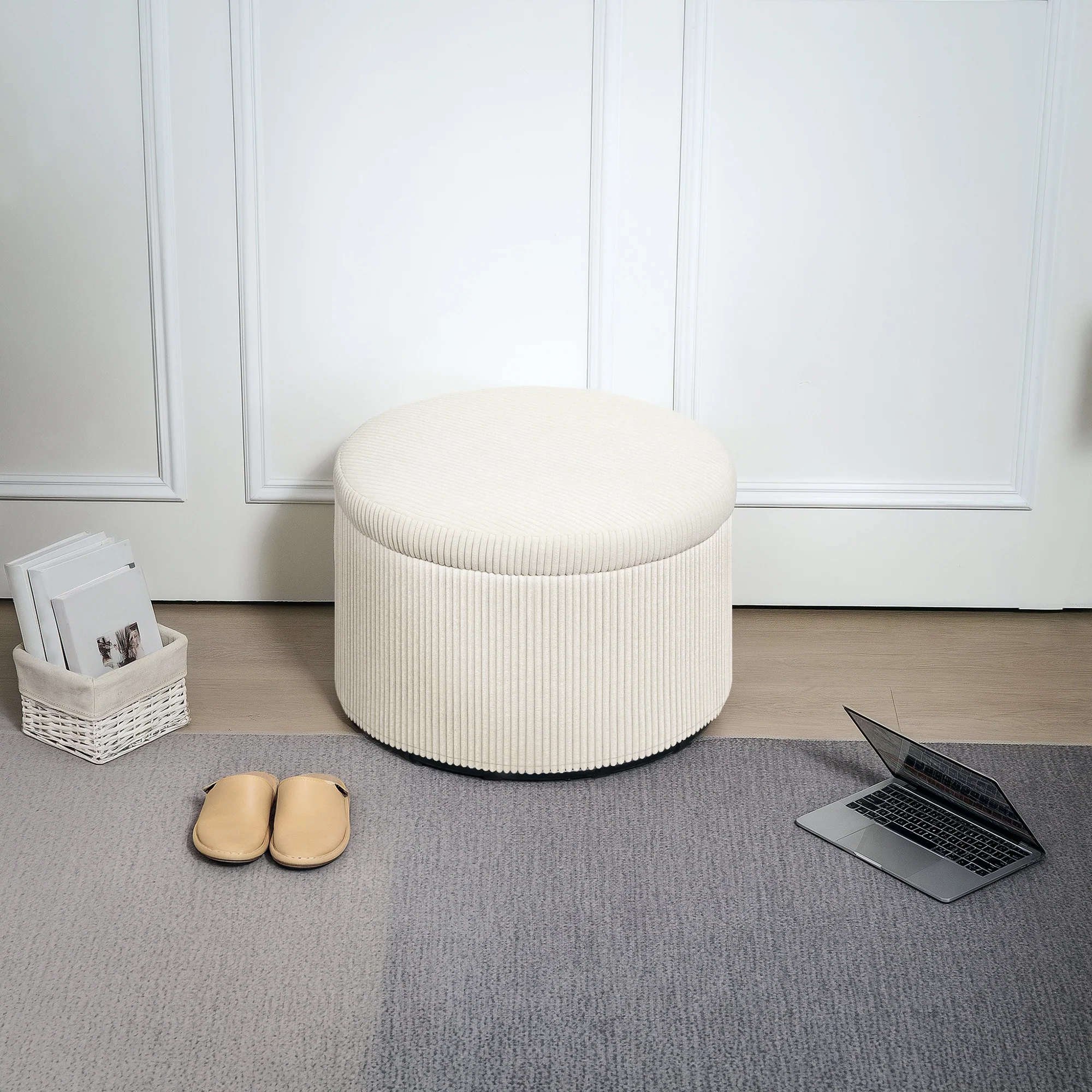 24" Storage Ottoman with Lid, Upholstered Corduroy Foot Rest Stool for Bedroom, Beige - Image 3