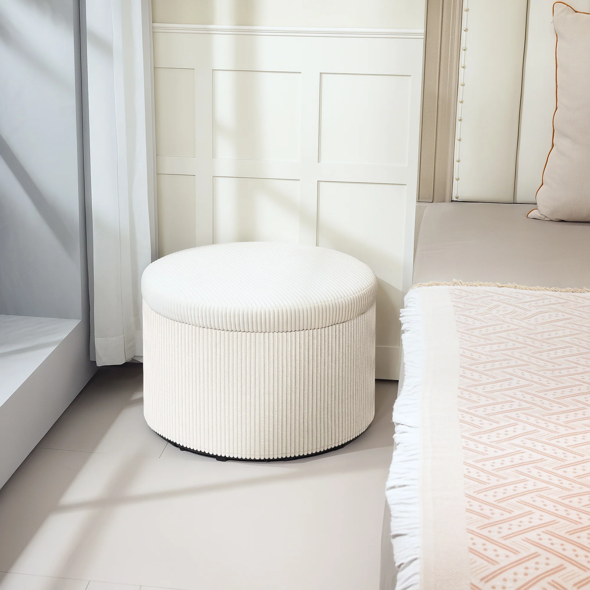 24" Storage Ottoman with Lid, Upholstered Corduroy Foot Rest Stool for Bedroom, Beige - Image 4