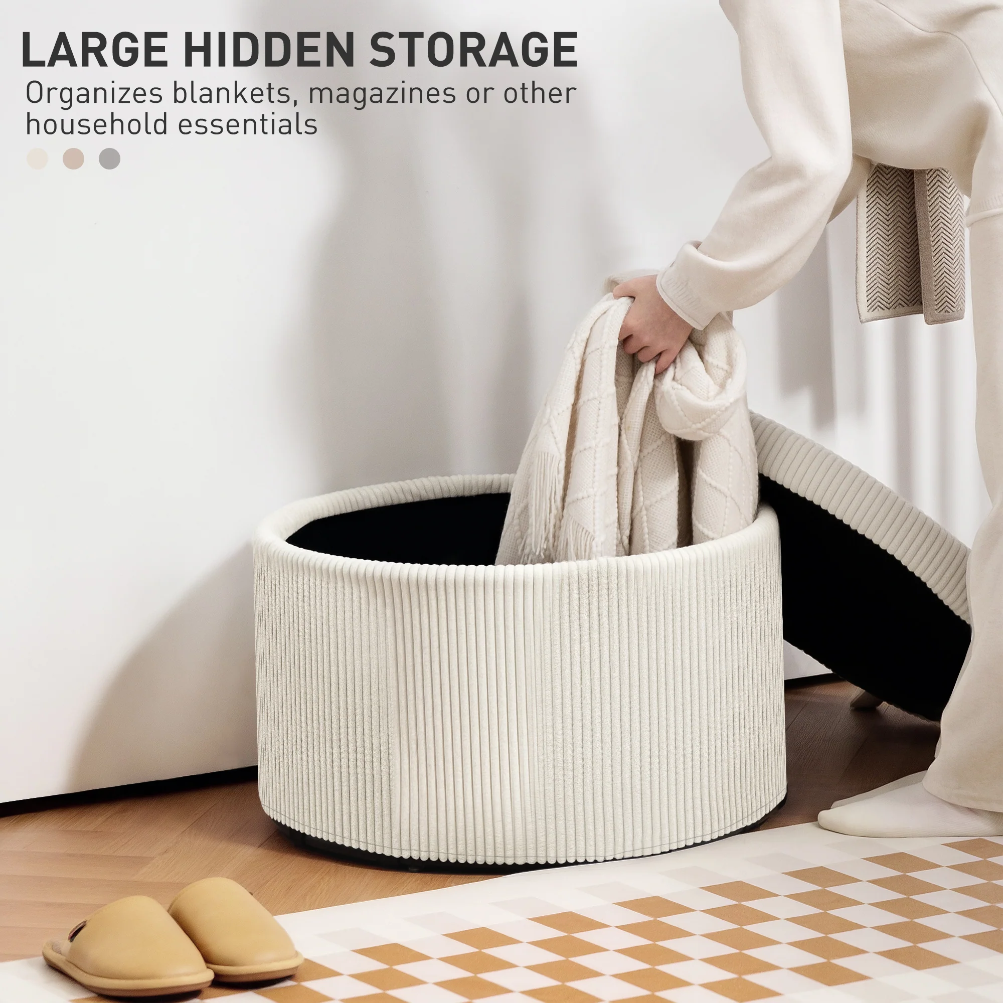 24" Storage Ottoman with Lid, Upholstered Corduroy Foot Rest Stool for Bedroom, Beige - Image 6