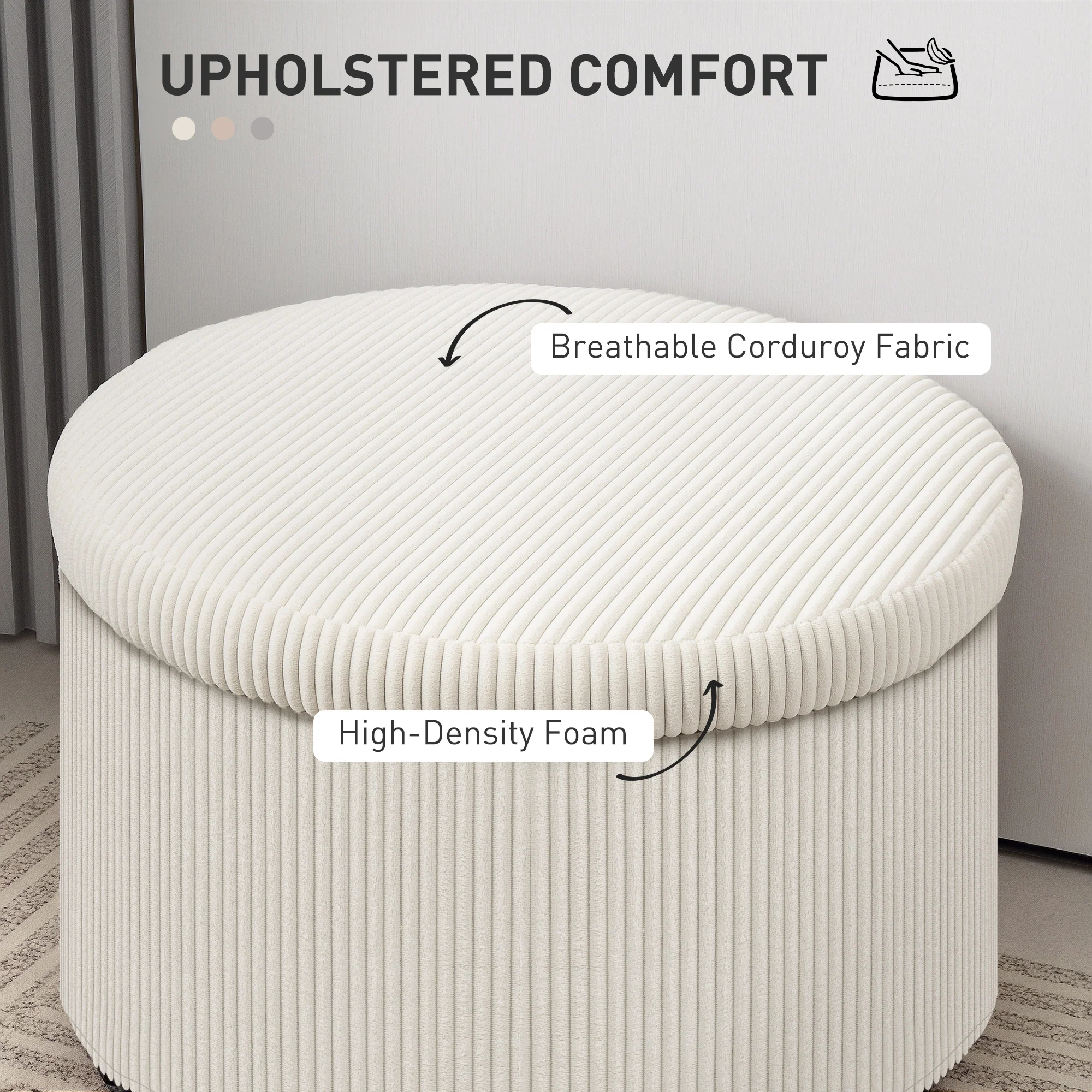 24" Storage Ottoman with Lid, Upholstered Corduroy Foot Rest Stool for Bedroom, Beige - Image 7