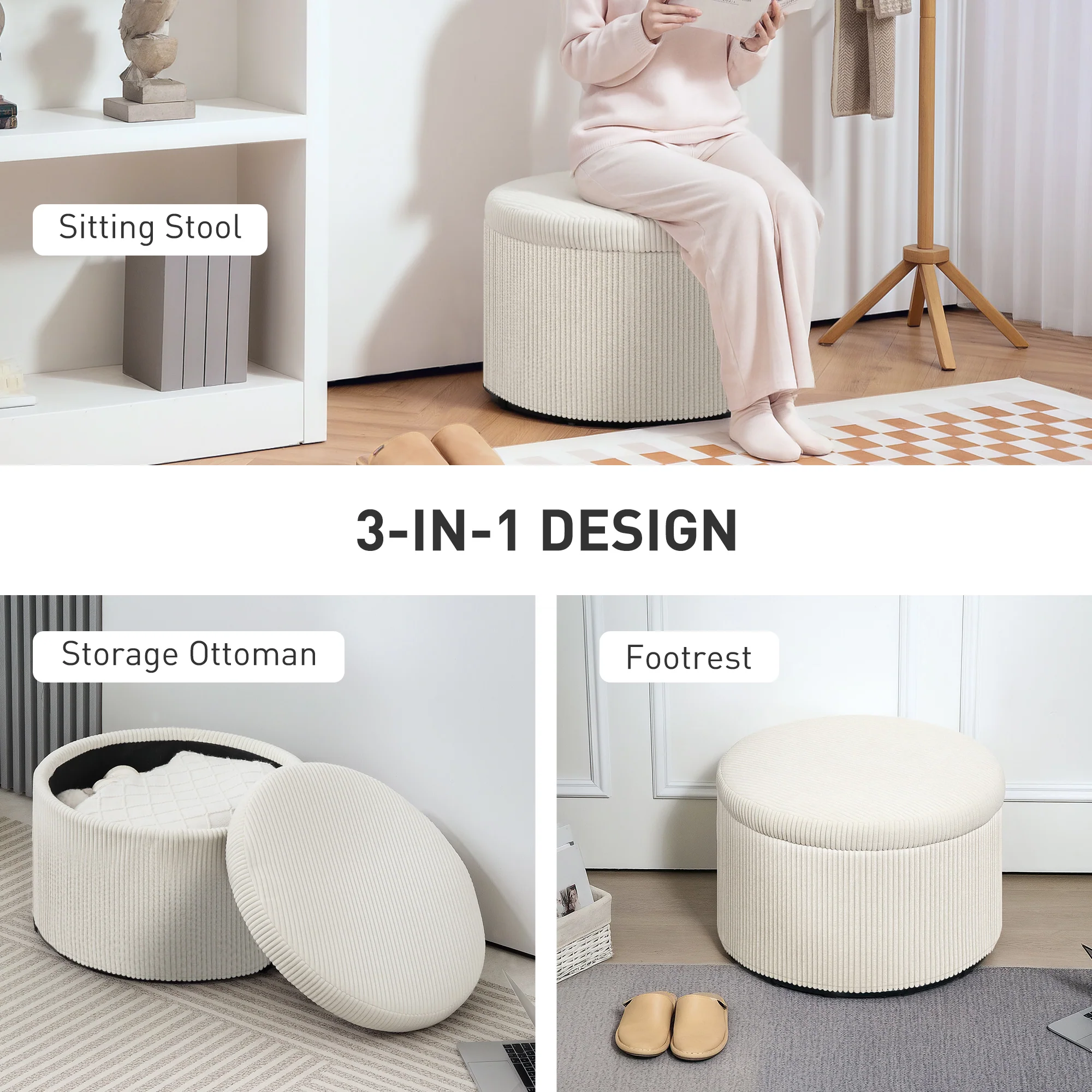24" Storage Ottoman with Lid, Upholstered Corduroy Foot Rest Stool for Bedroom, Beige - Image 8